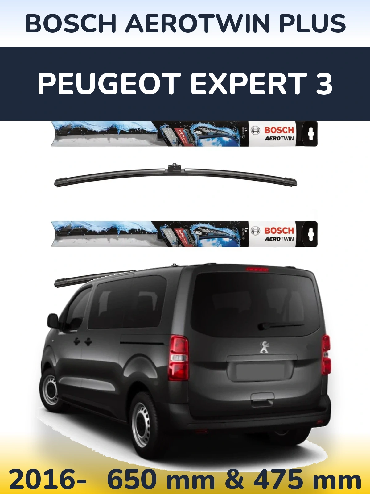 Front wiper blade set BOSCH AeroTwin Plus 650 & 475 мм for Peugeot Expert 3 2016-2026