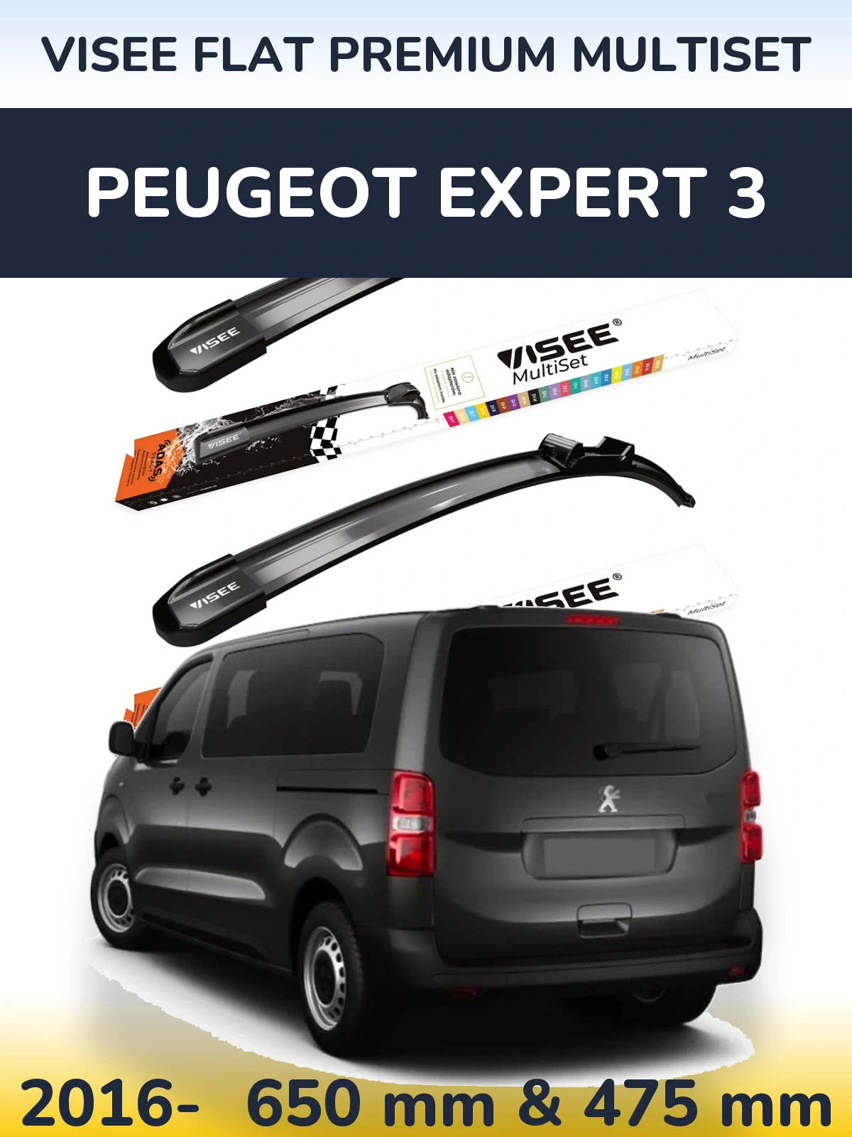 Front wiper blade set VISEE FLAT PREMIUM MultiSet 650 & 475 мм for Peugeot Expert 3 2016-2026