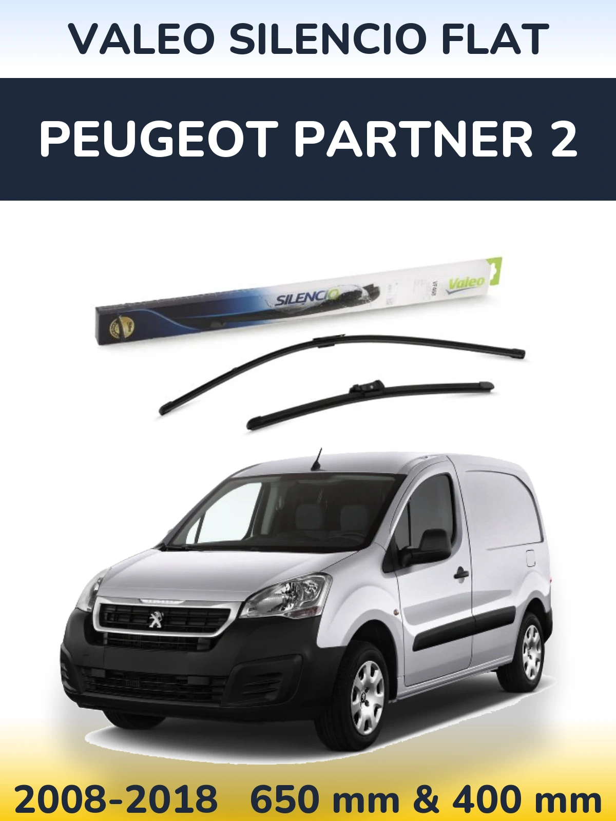 Front wiper blade set Valeo Silencio Flat 650 & 400 mm for Peugeot Partner 2 2008-2018
