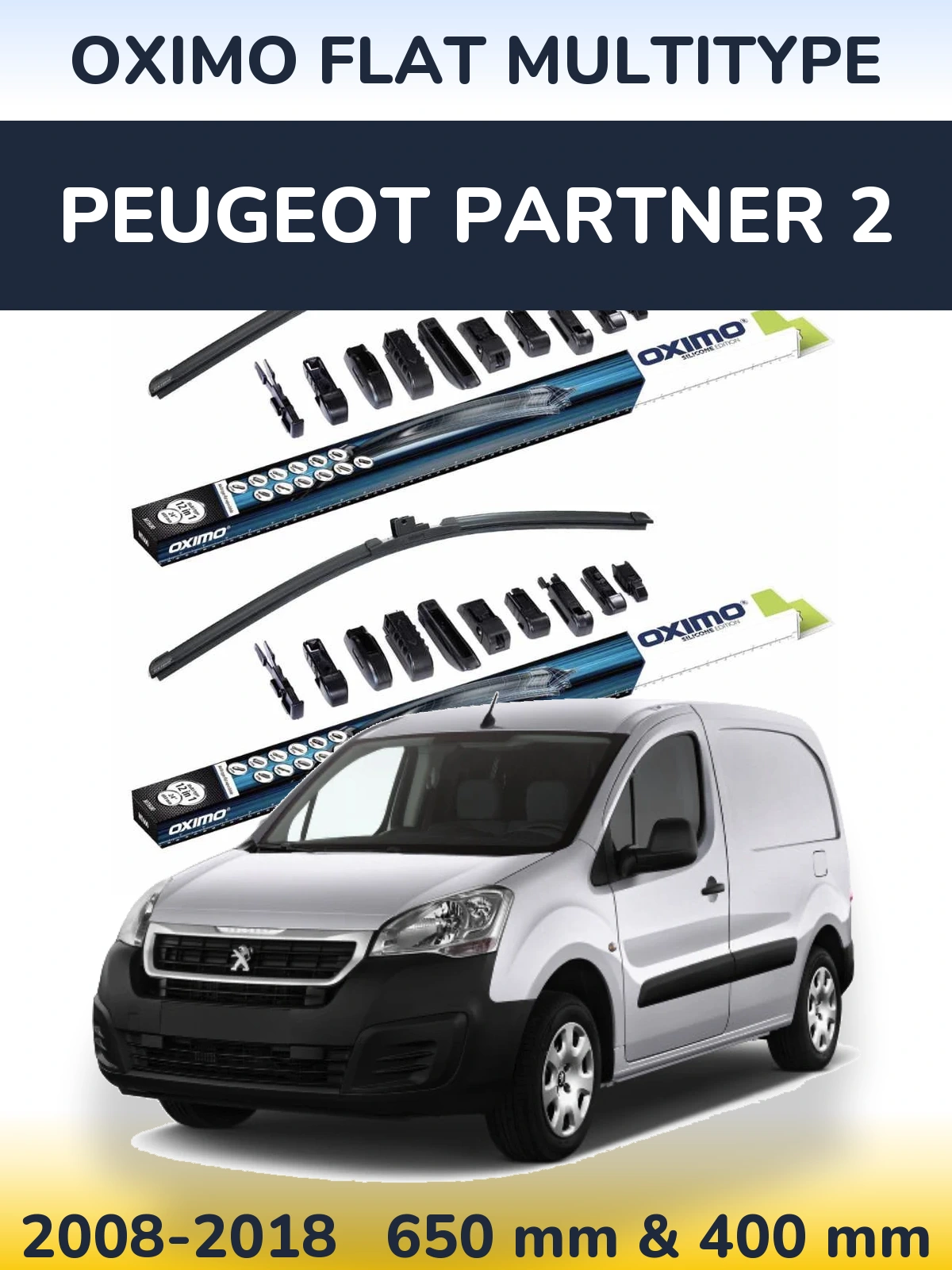 Front wiper blade set Oximo Flat MultiTypee 650 & 400 mm for Peugeot Partner 2 2008-2018