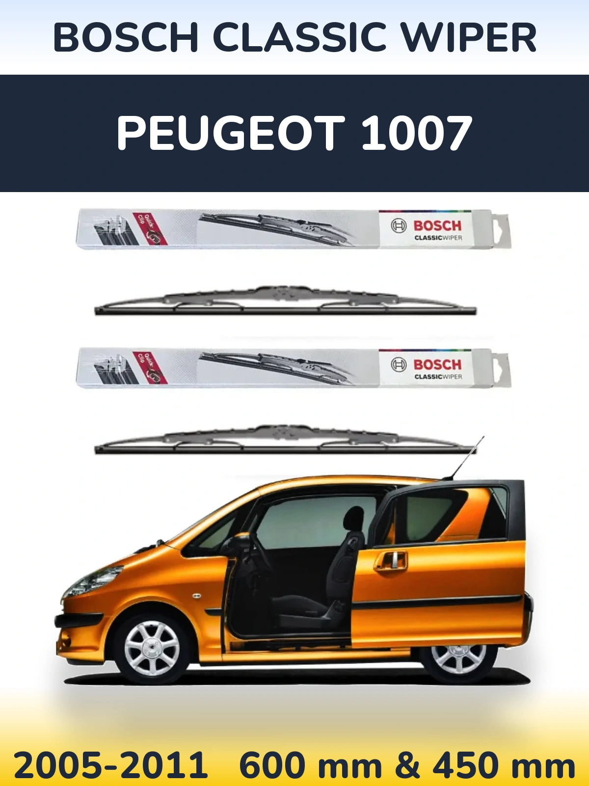 Front wiper blade set BOSCH Classic Wiper 600 & 450 мм for Peugeot 1007 2005-2011