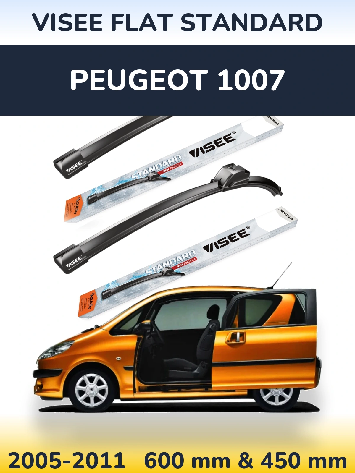Front wiper blade set VISEE FLAT STANDARD 600 & 450 мм for Peugeot 1007 2005-2011