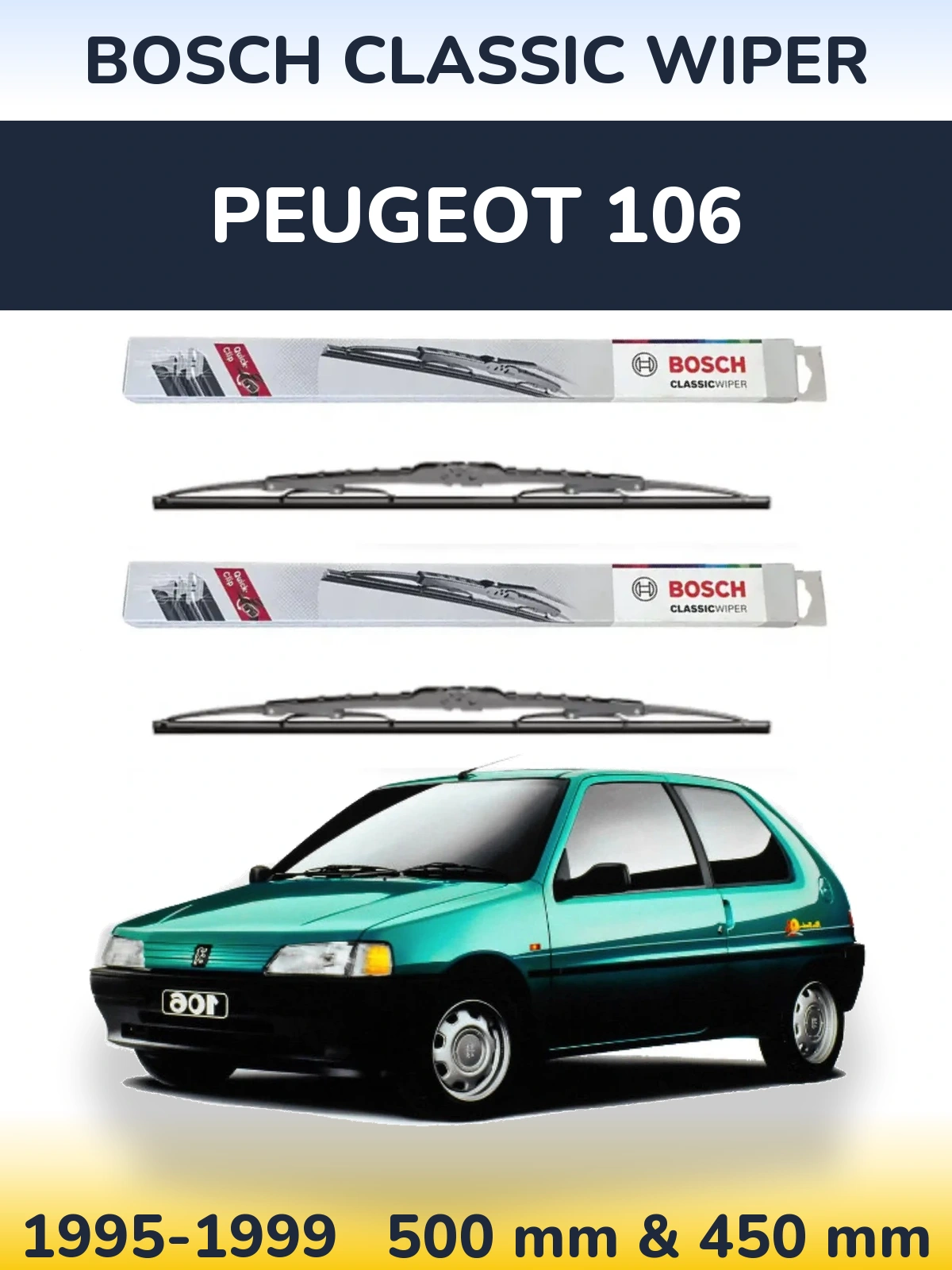 Front wiper blade set BOSCH Classic Wiper 500 & 450 mm for Peugeot 106 1995-1999