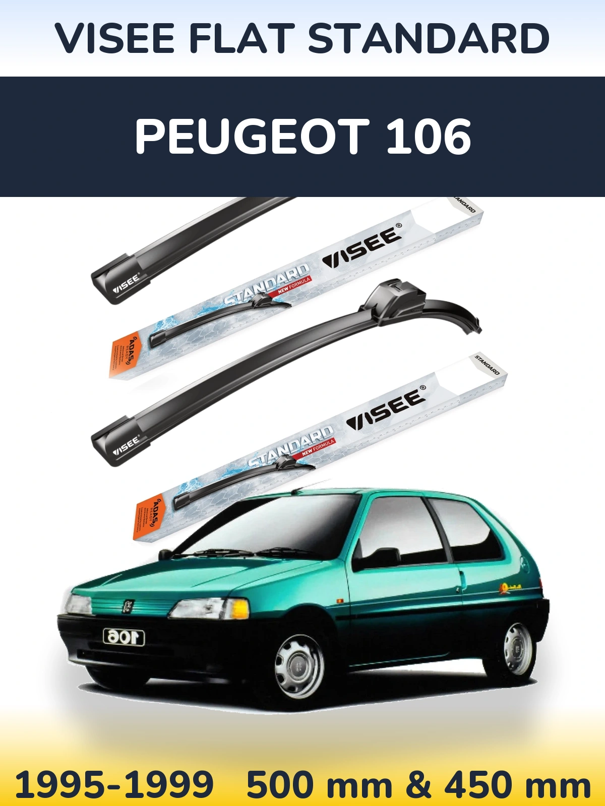 Комплект передніх щіток VISEE FLAT STANDARD 500 & 450 мм для Peugeot 106 1995-1999