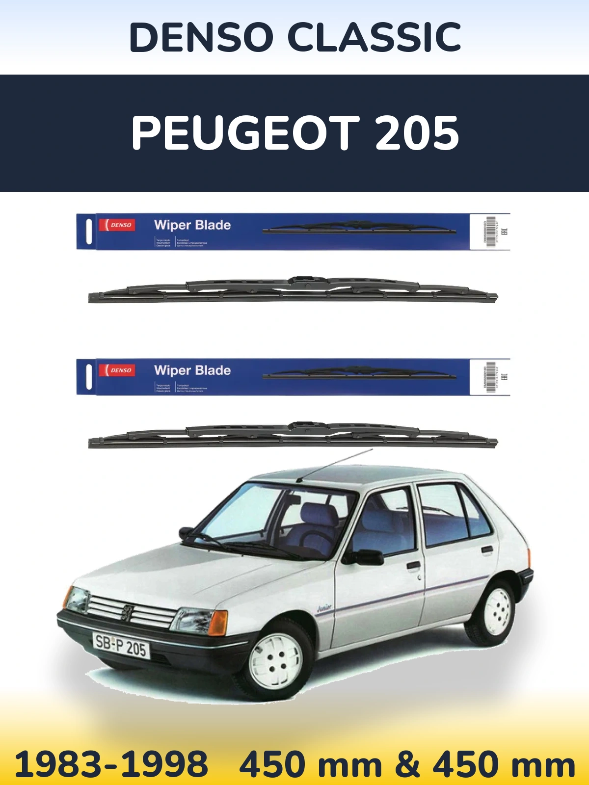 Front wiper blade set Denso Classic 450 & 450 mm for Peugeot 205 1983-1998