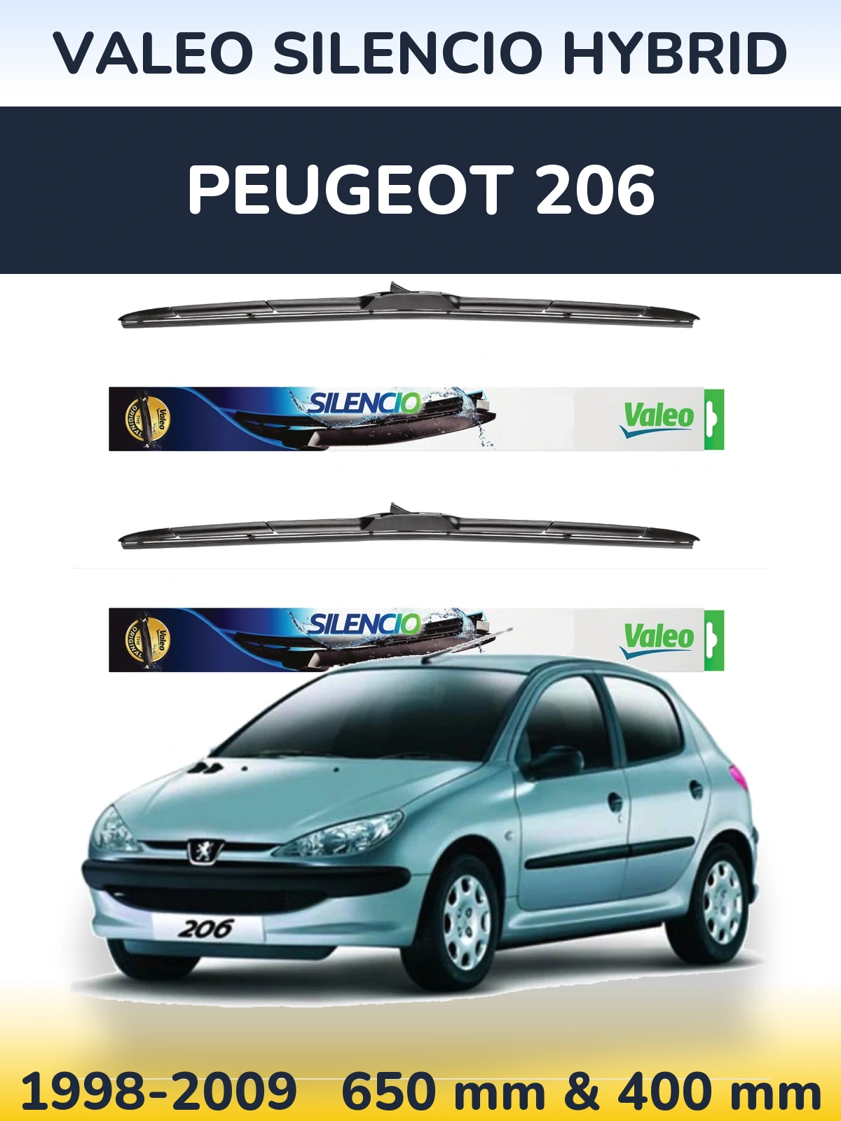 Komplet przednich wycieraczek Valeo Silencio Hybrid 650 & 400 mm do Peugeot 206 1998-2009
