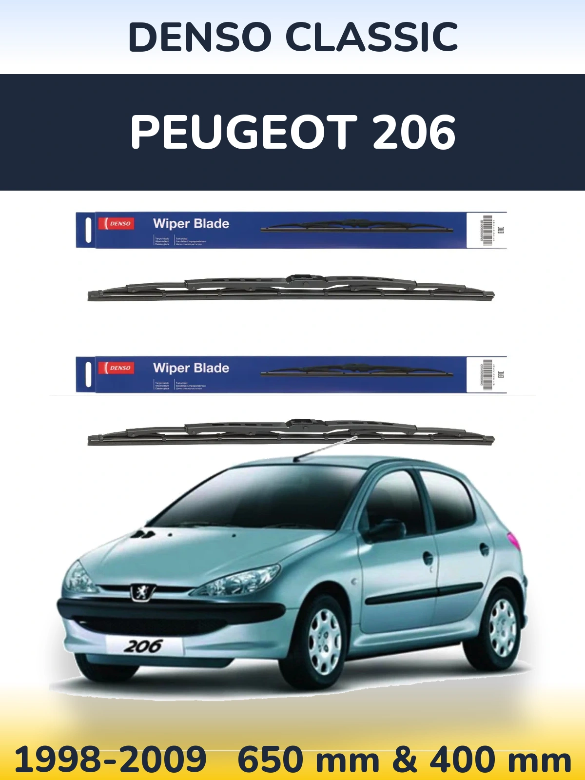 Front wiper blade set Denso Classic 650 & 400 мм for Peugeot 206 1998-2009