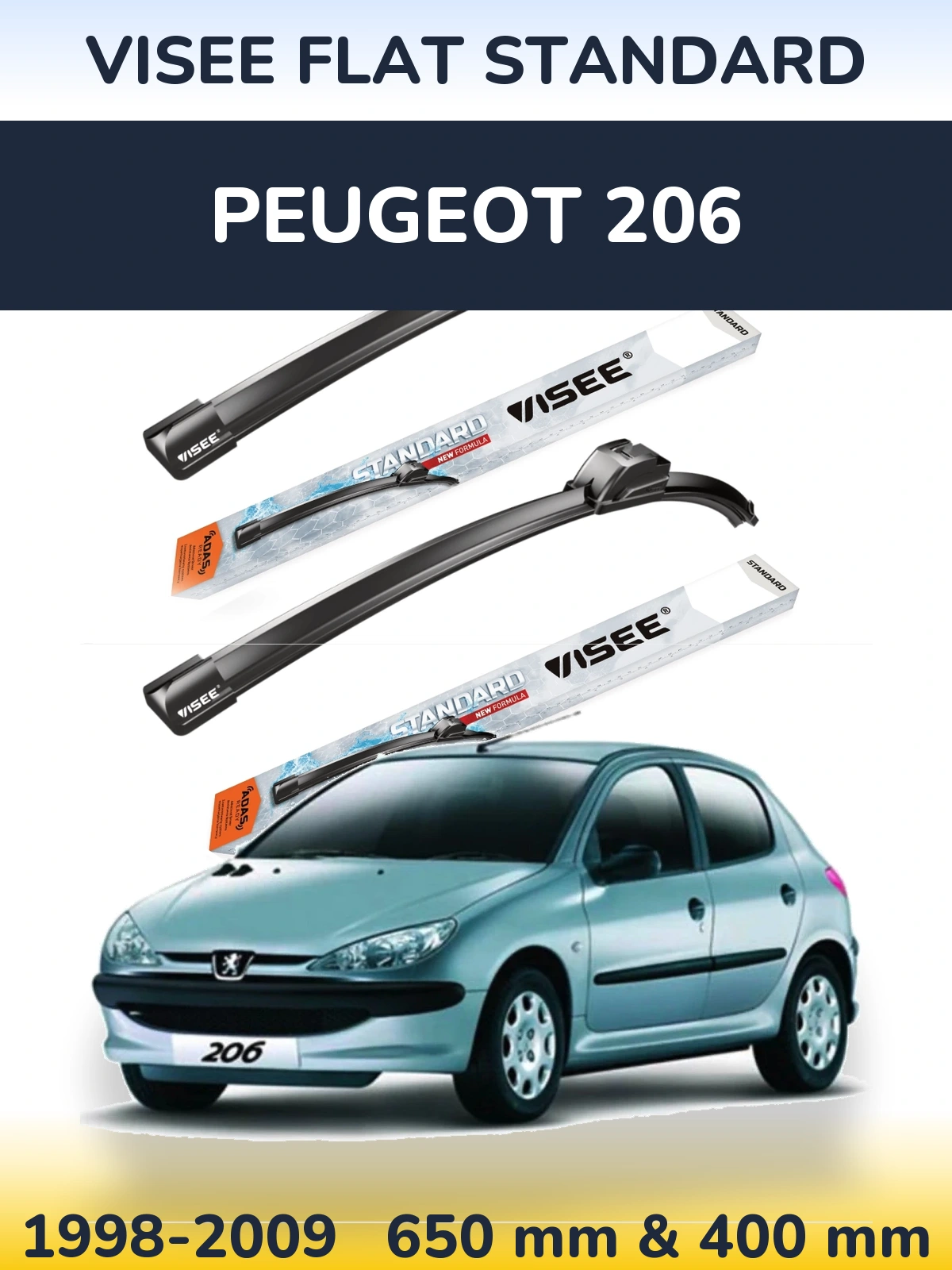 Front wiper blade set VISEE FLAT STANDARD 650 & 400 мм for Peugeot 206 1998-2009