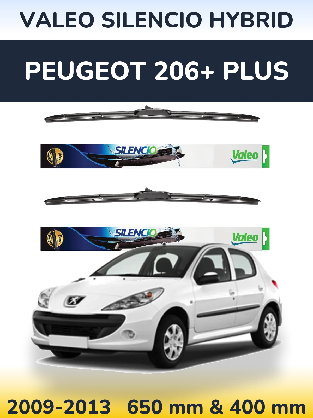Front wiper blade set Valeo Silencio Hybrid 650 & 400 мм for Peugeot 206+ Plus 2009-2013
