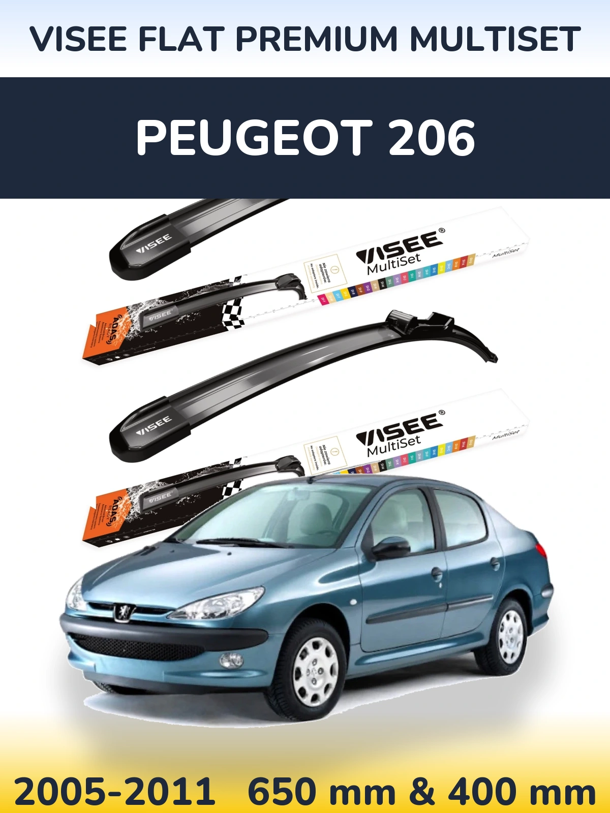 Komplet przednich wycieraczek VISEE FLAT PREMIUM MultiSet 650 & 400 mm do Peugeot 206 2005-2011