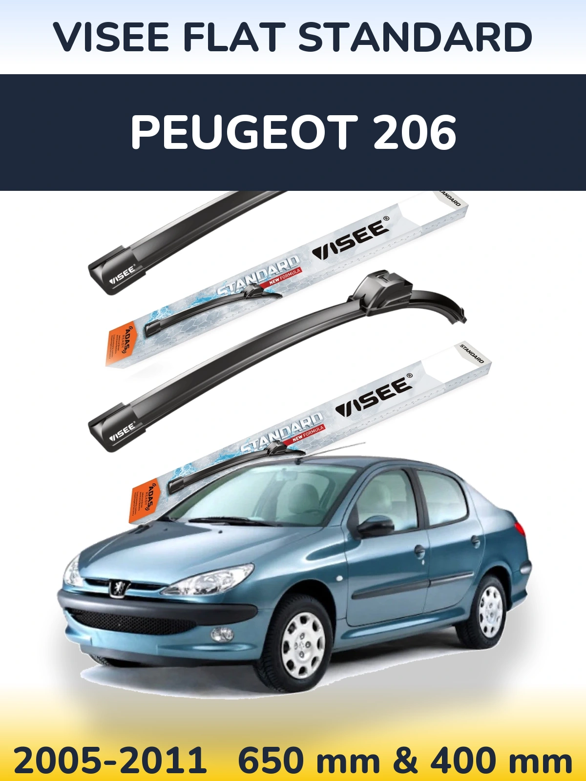 Komplet przednich wycieraczek VISEE FLAT STANDARD 650 & 400 mm do Peugeot 206 2005-2011