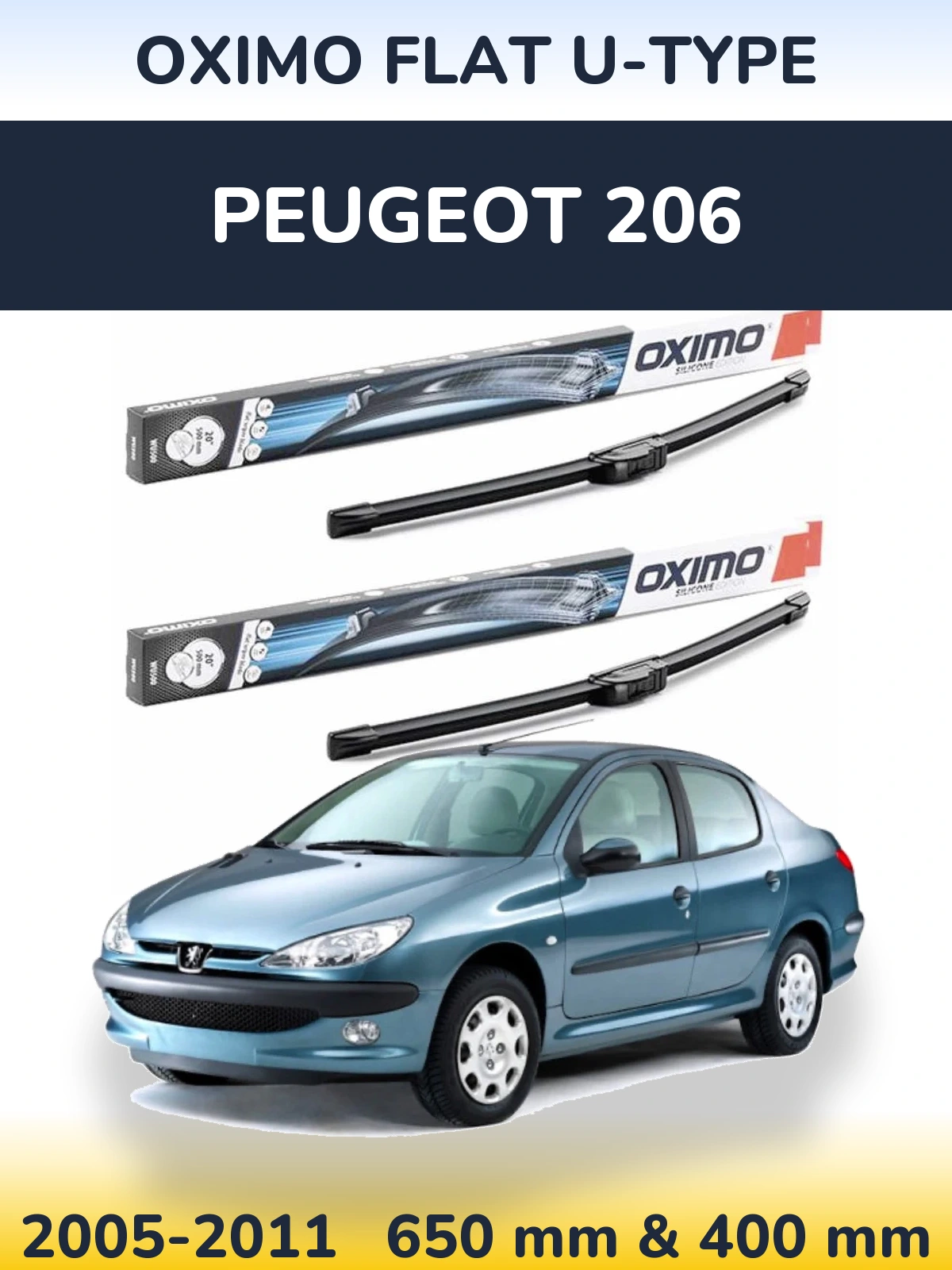 Front wiper blade set Oximo Flat U-type 650 & 400 mm for Peugeot 206 2005-2011