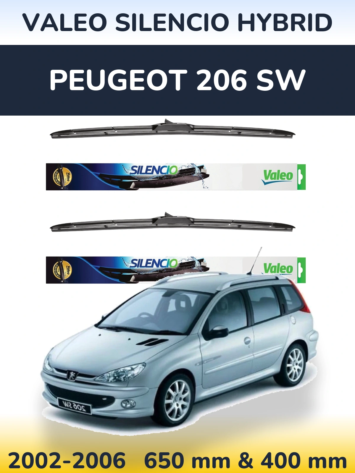 Front wiper blade set Valeo Silencio Hybrid 650 & 400 мм for Peugeot 206 SW 2002-2006