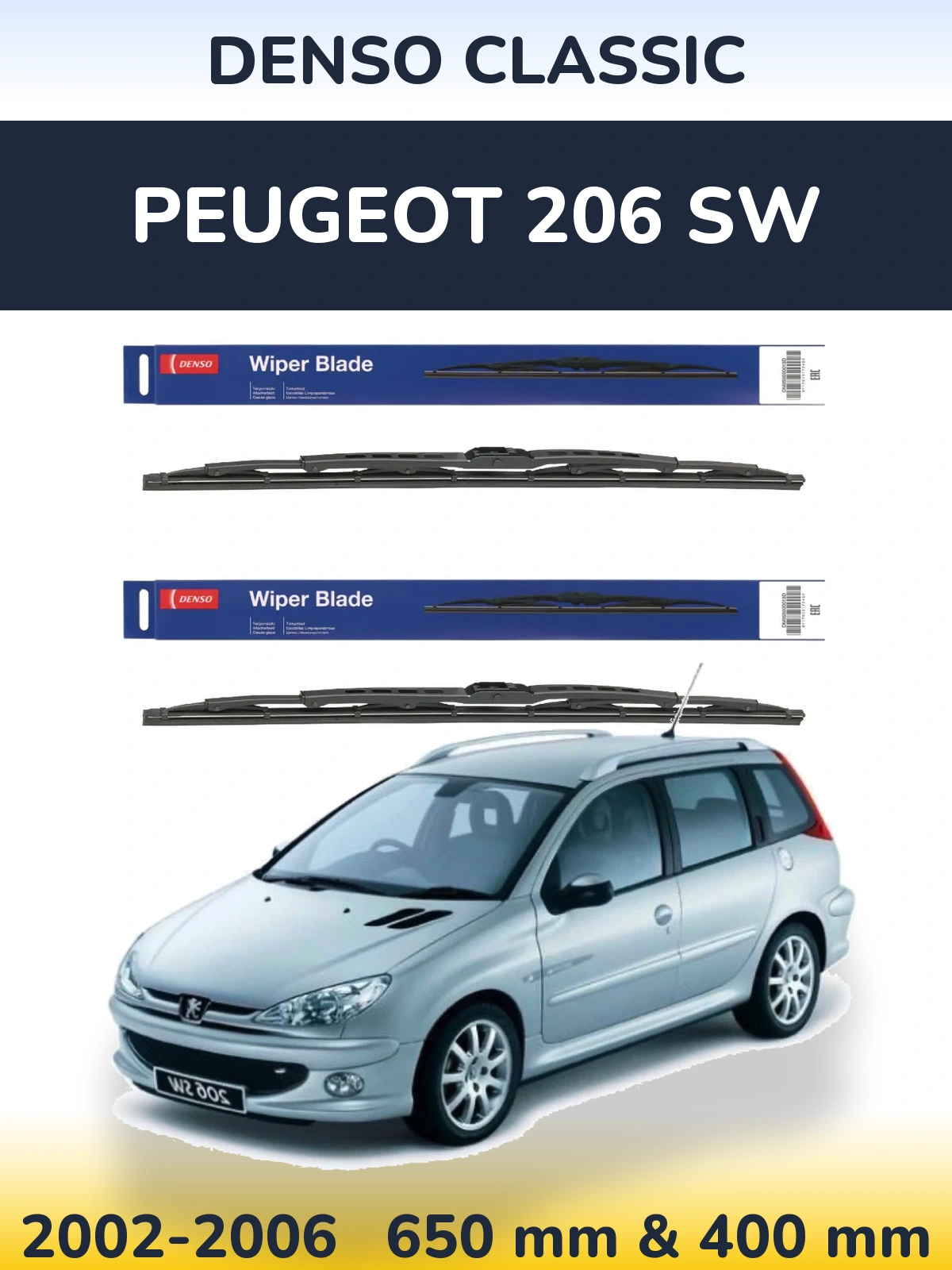 Front wiper blade set Denso Classic 650 & 400 мм for Peugeot 206 SW 2002-2006