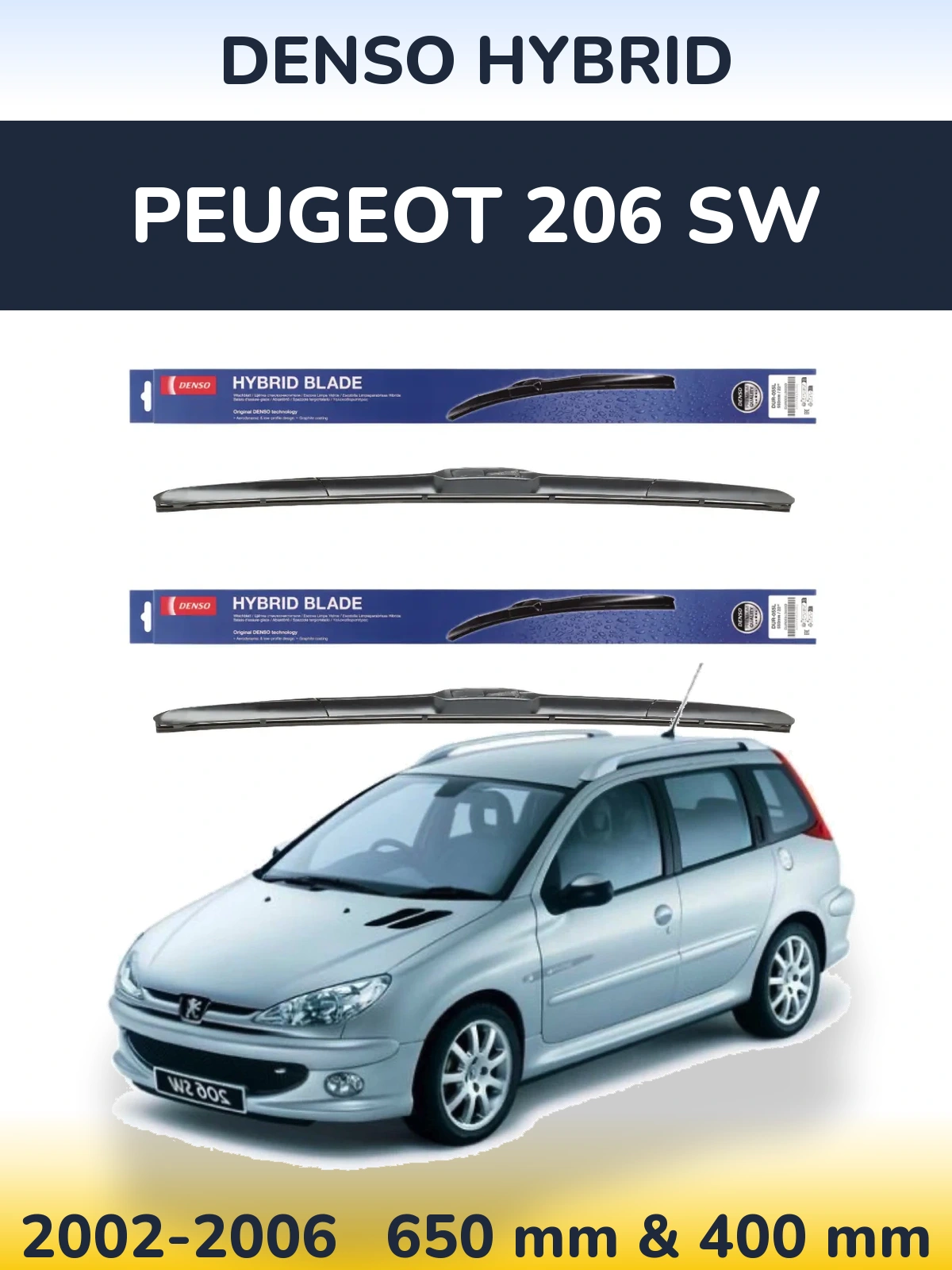 Front wiper blade set Denso Hybrid 650 & 400 мм for Peugeot 206 SW 2002-2006