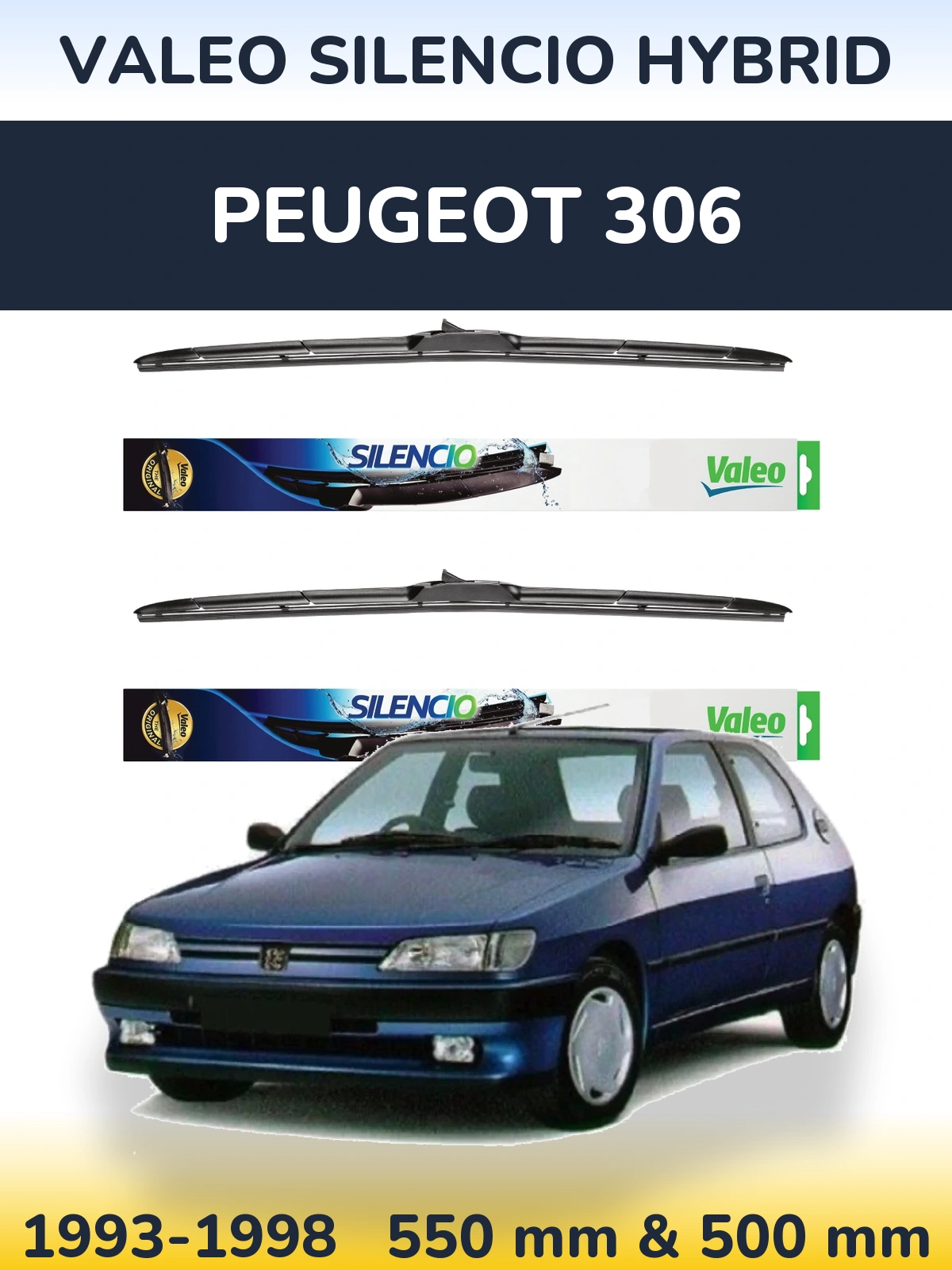 Front wiper blade set Valeo Silencio Hybrid 550 & 500 мм for Peugeot 306 1993-1998