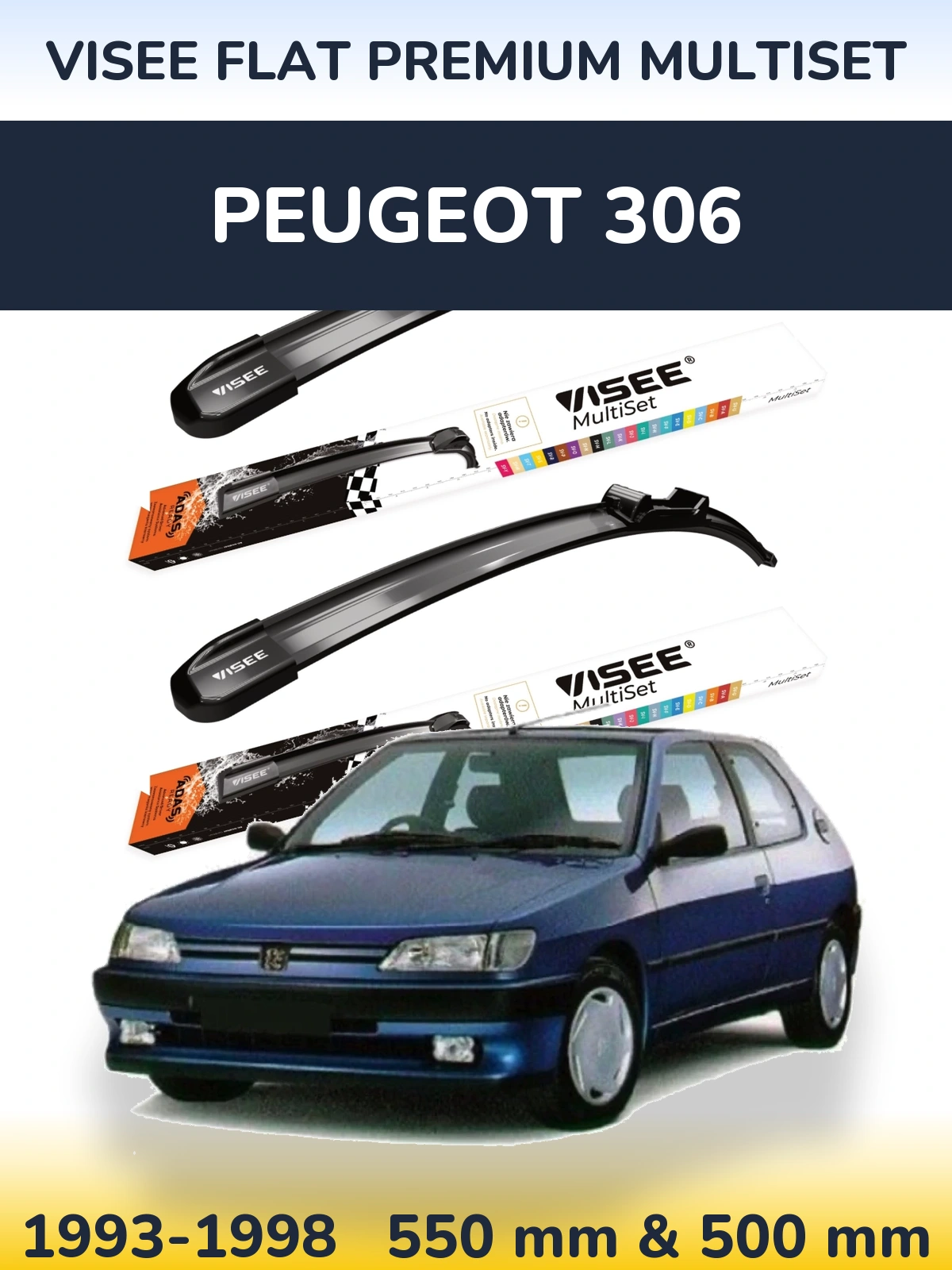 Front wiper blade set VISEE FLAT PREMIUM MultiSet 550 & 500 mm for Peugeot 306 1993-1998