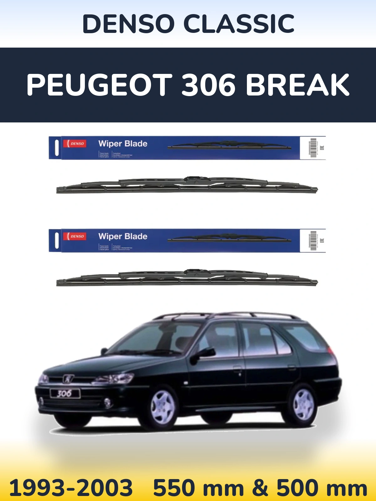 Front wiper blade set Denso Classic 550 & 500 мм for Peugeot 306 Break 1993-2003