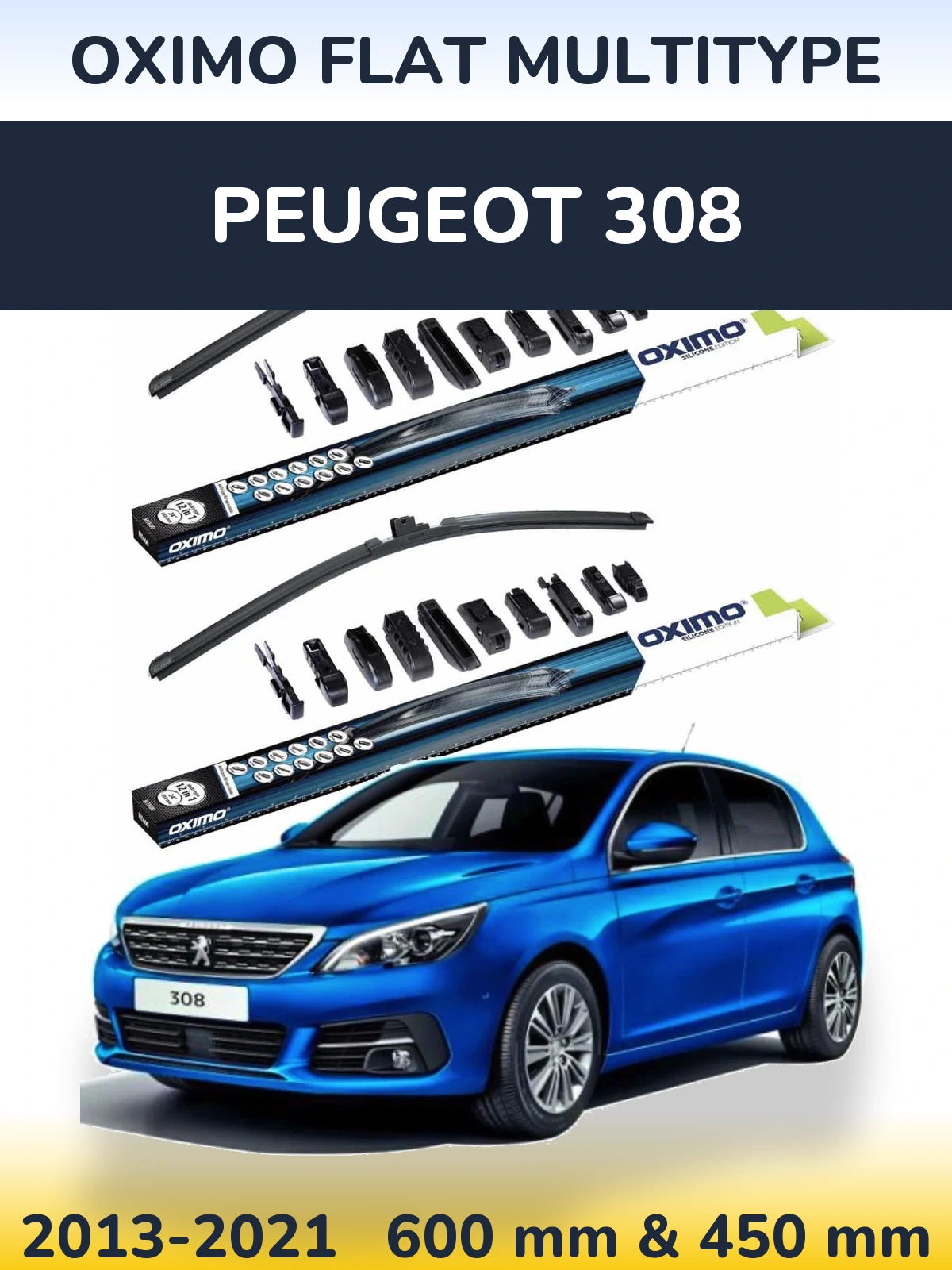 Комплект передних дворников Oximo Flat MultiТипe 600 & 450 мм для Peugeot 308 2013-2021