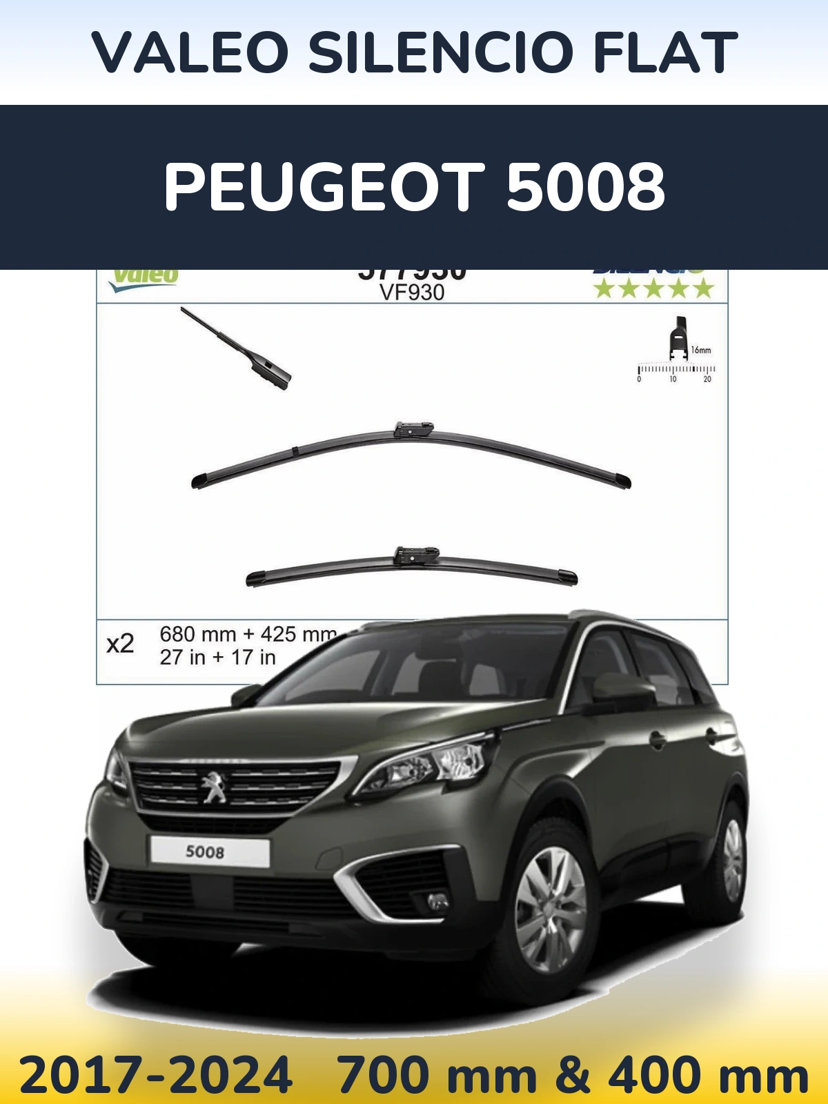 Комплект передніх щіток Valeo Silencio Flat 680 & 400 мм для Peugeot 5008 2017-2024