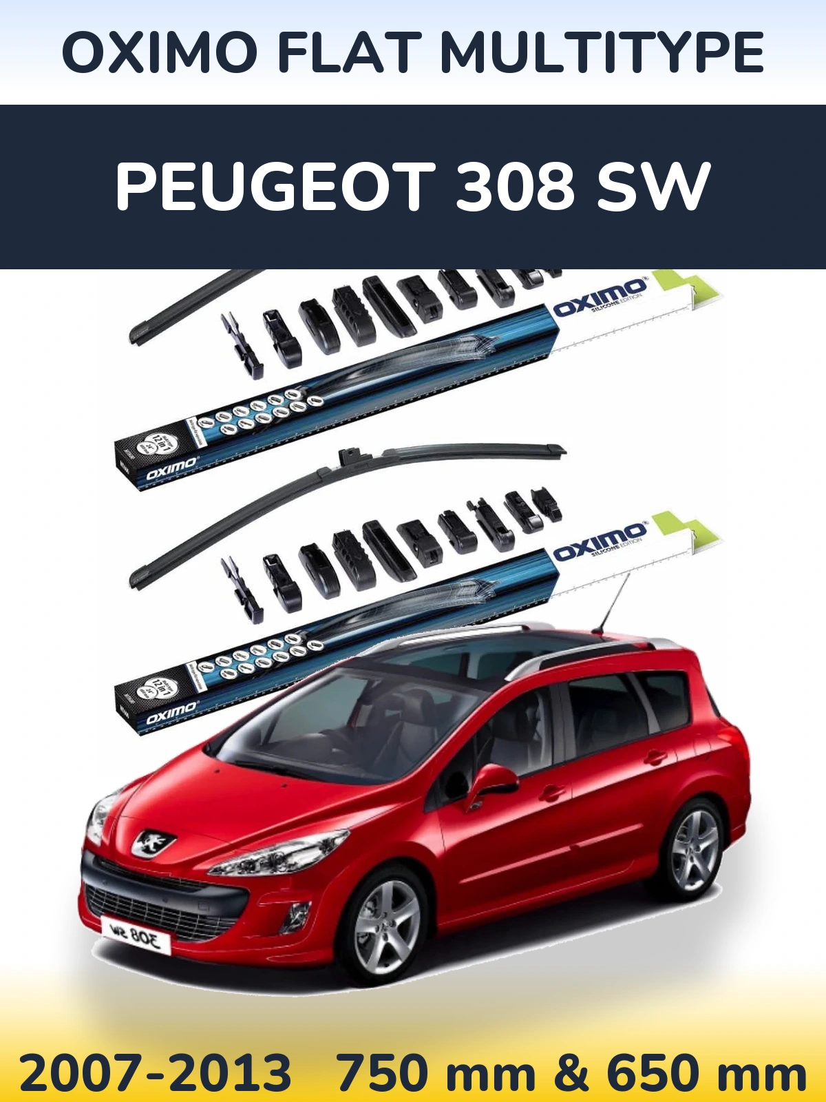 Front wiper blade set Oximo Flat MultiTypee 750 & 650 mm for Peugeot 308 SW 2007-2013