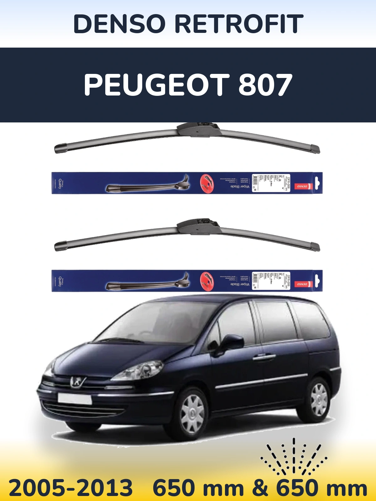 Front wiper blade set Denso Retrofit 650 & 650 mm for Peugeot 807 2005-2013