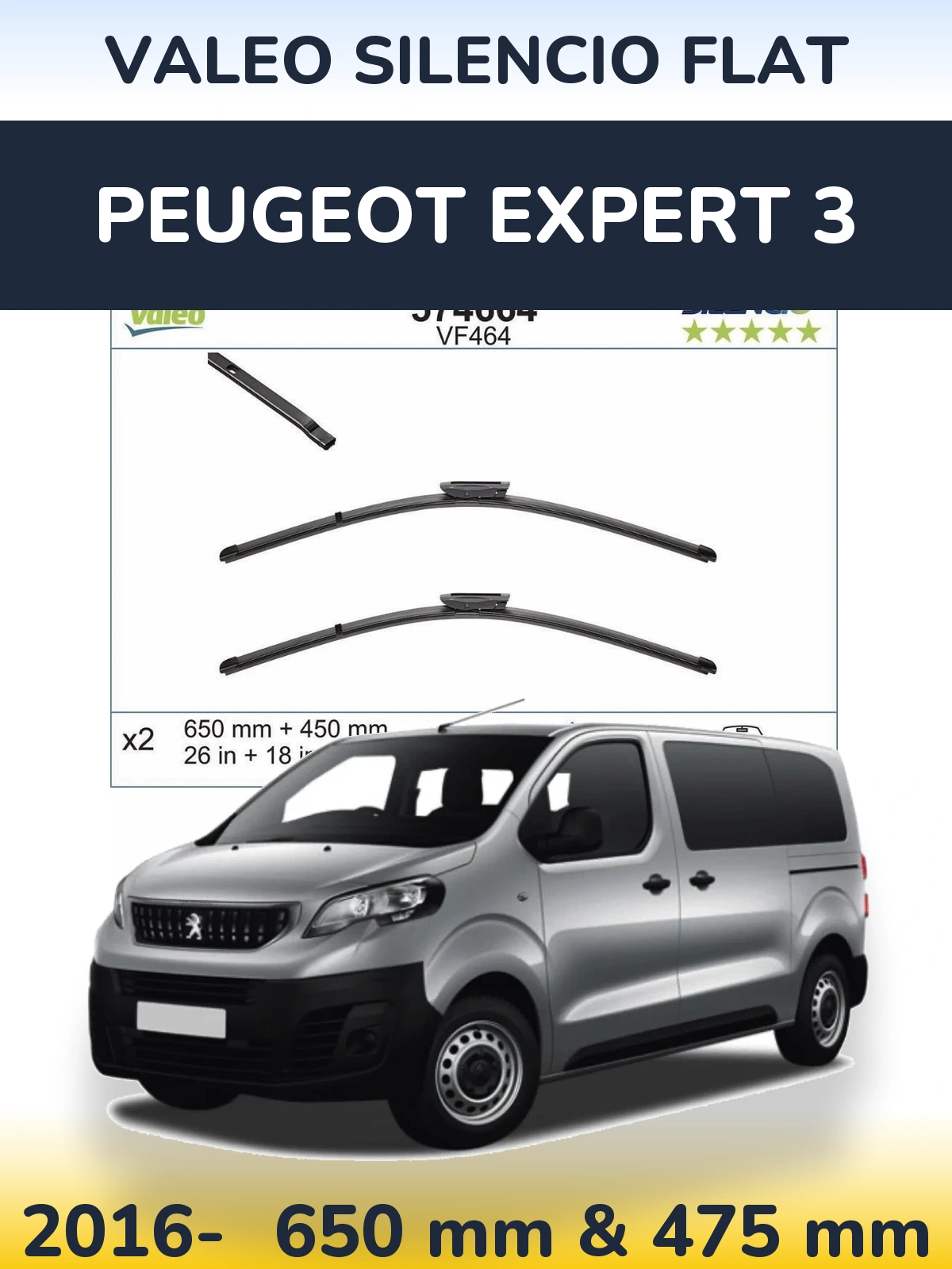 Front wiper blade set Valeo Silencio Flat 650 & 450 mm for Peugeot Expert 3 2016-2026