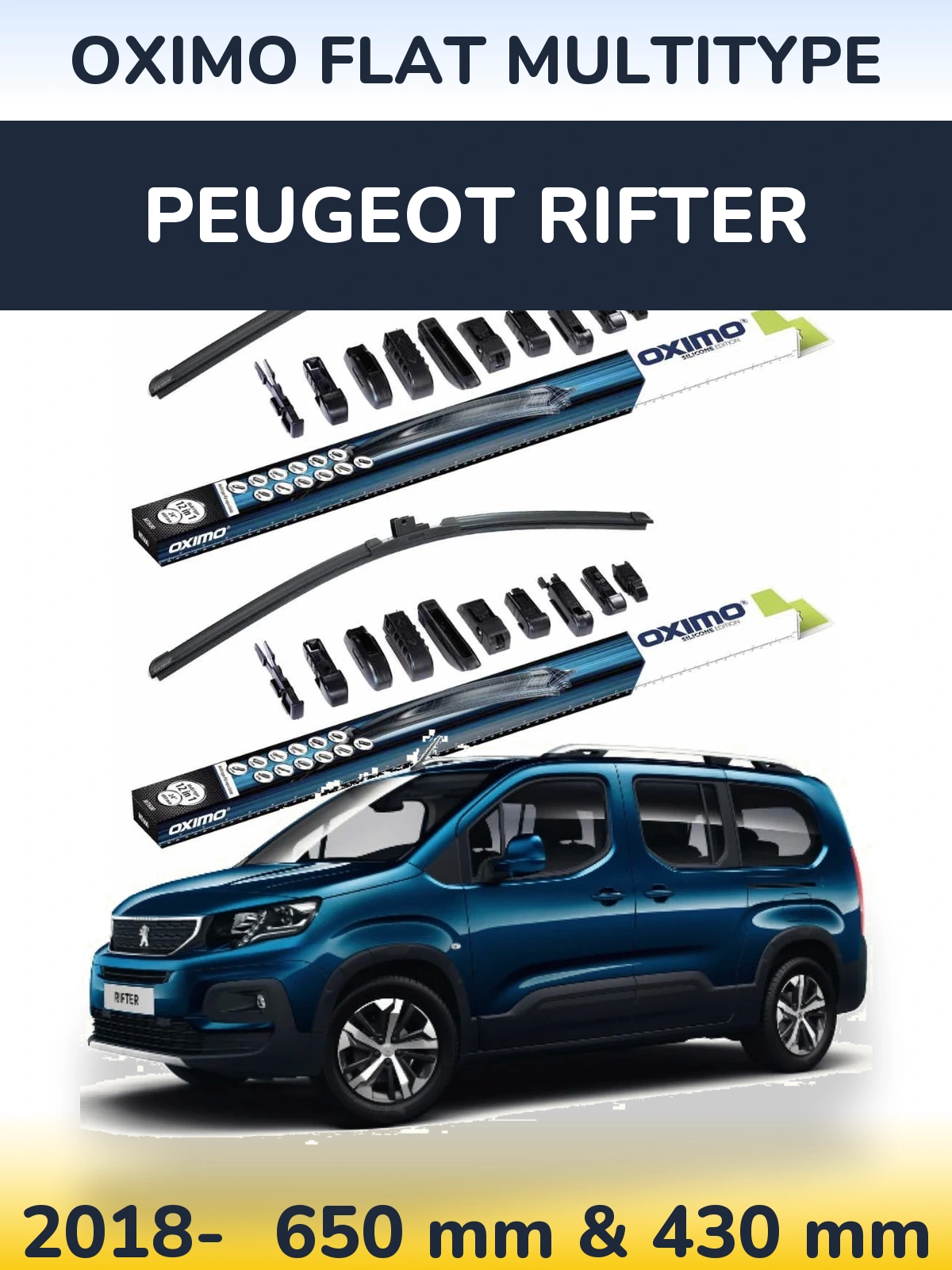 Комплект передних дворников Oximo Flat MultiТипe 650 & 430 мм для Peugeot Rifter 2018-2026