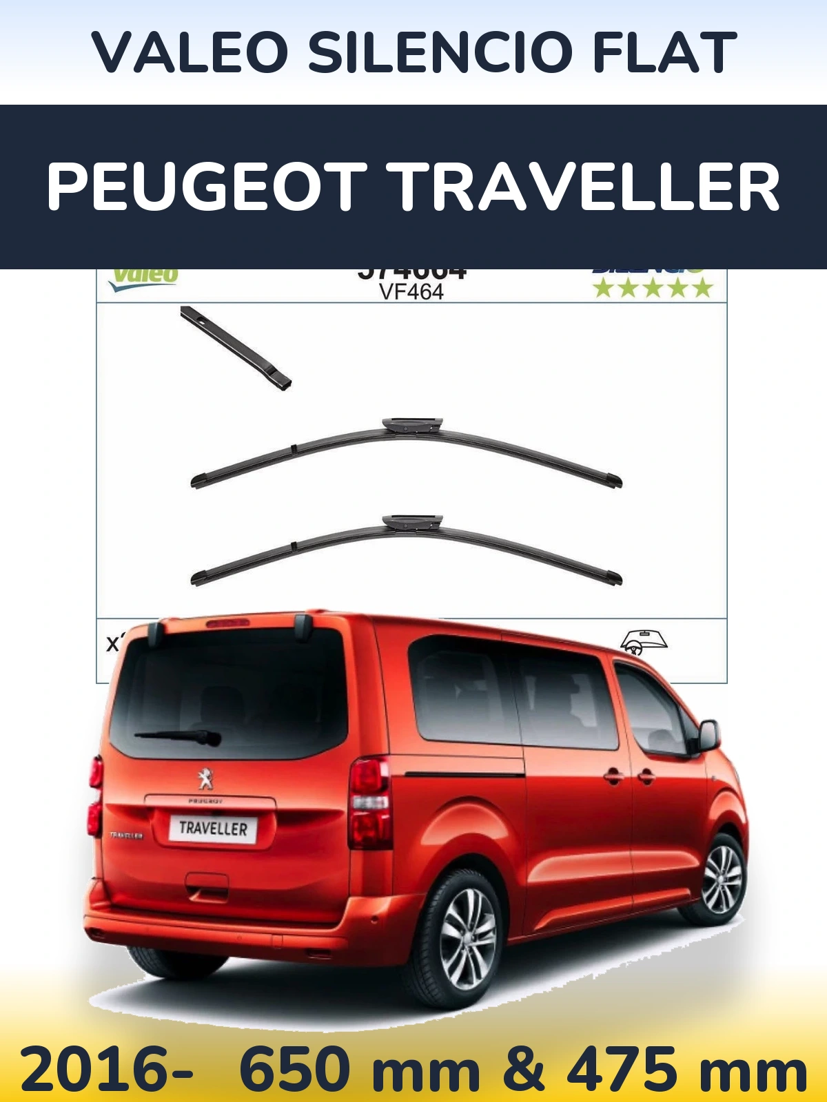 Front wiper blade set Valeo Silencio Flat 650 & 450 мм for Peugeot Traveller 2016-2026