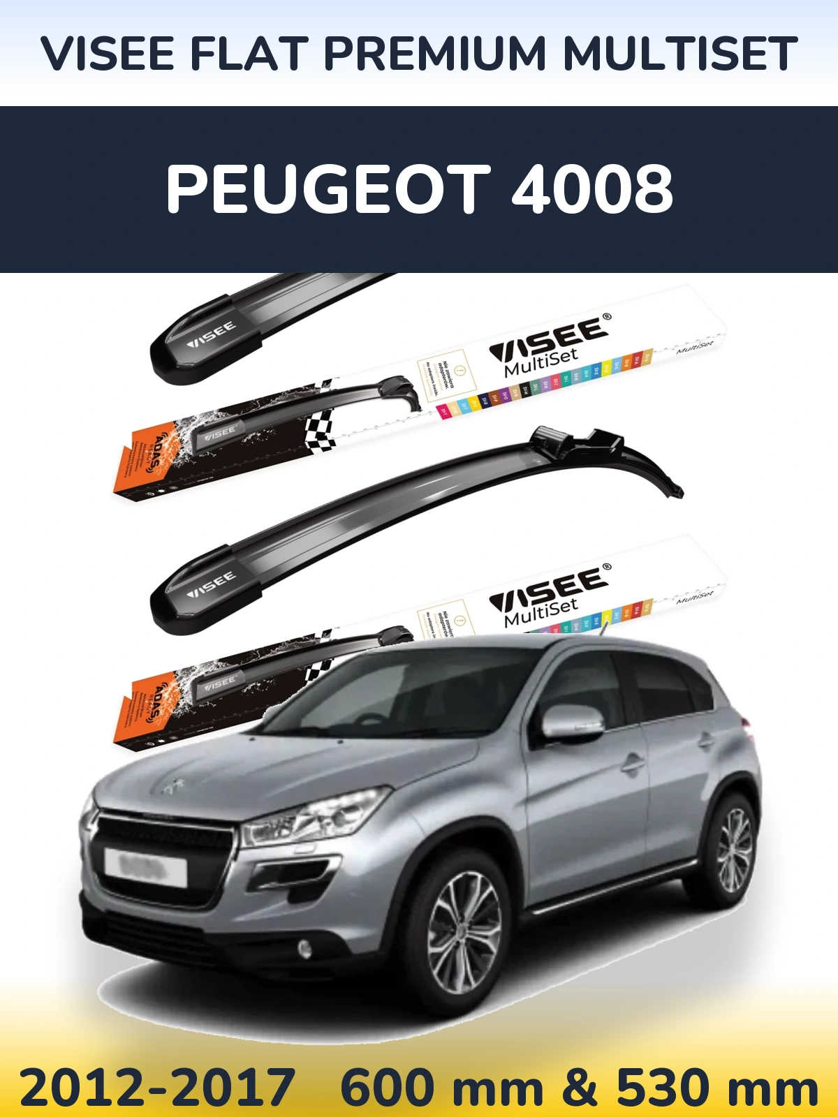 Front wiper blade set VISEE FLAT PREMIUM MultiSet 600 & 530 mm for Peugeot 4008 2012-2017