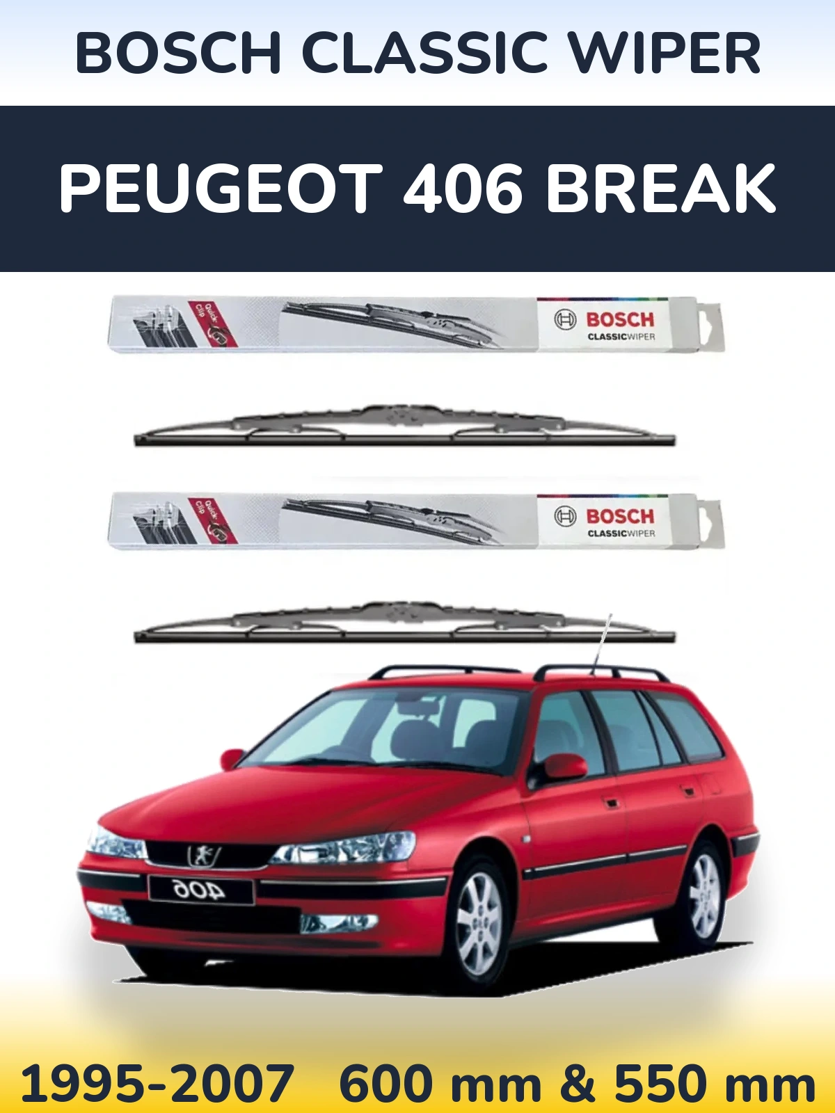 Комплект передних дворников BOSCH Classic Wiper 600 & 550 мм для Peugeot 406 Break 1995-2007