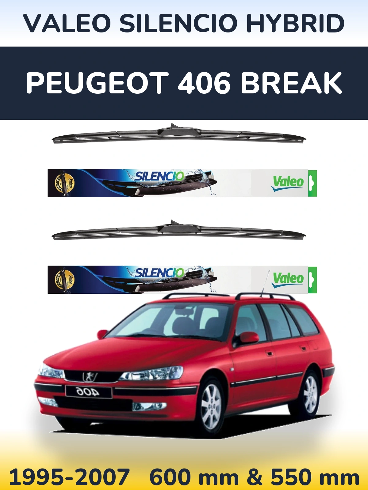 Комплект передних дворников Valeo Silencio Hybrid 600 & 550 мм для Peugeot 406 Break 1995-2007
