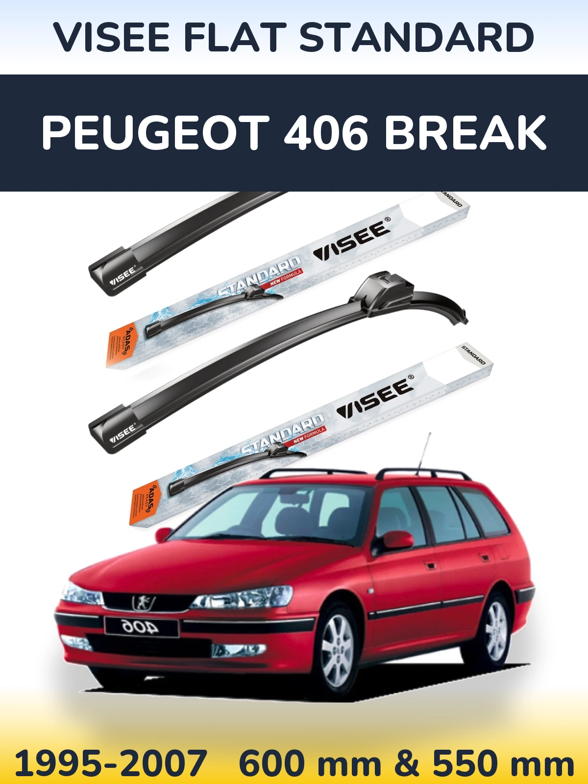 Комплект передних дворников VISEE FLAT STANDARD 600 & 550 мм для Peugeot 406 Break 1995-2007