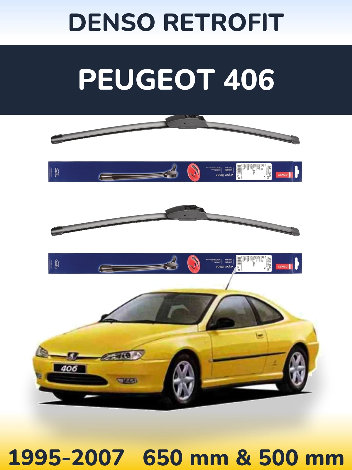Komplet przednich wycieraczek Denso Retrofit 650 & 500 mm do Peugeot 406 1995-2007