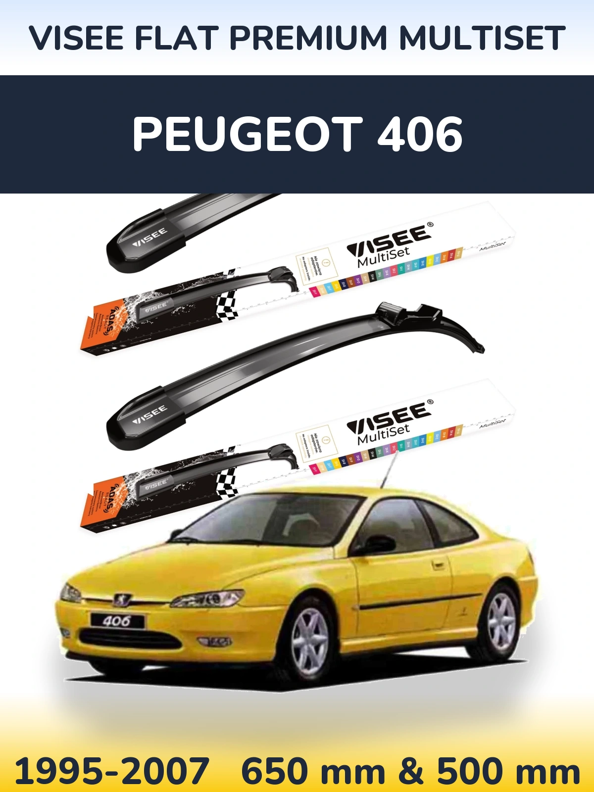 Комплект передніх щіток VISEE FLAT PREMIUM MultiSet 650 & 500 мм для Peugeot 406 1995-2007