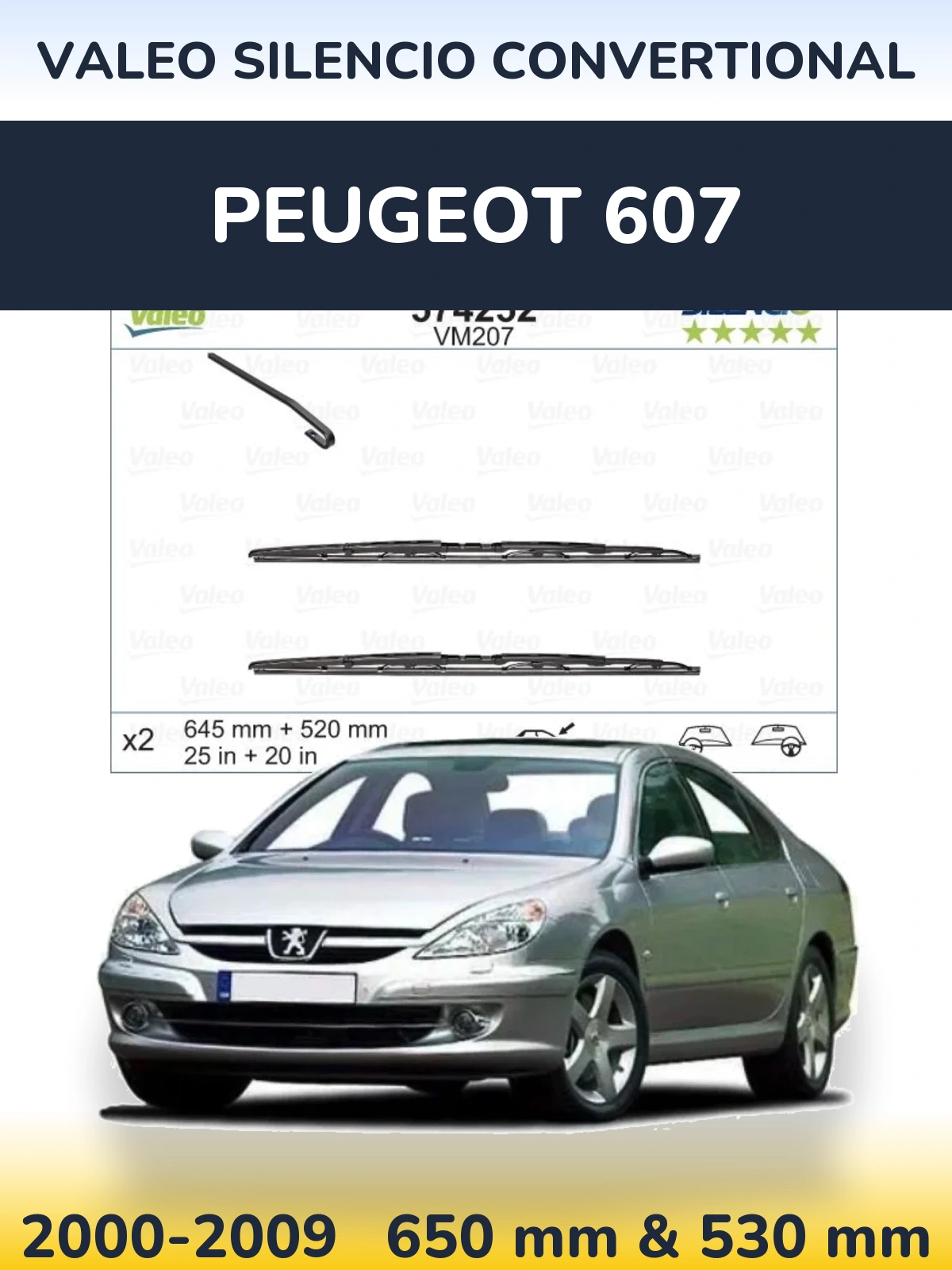 Комплект передних дворников Valeo Silencio Convertional 645 & 520 мм для Peugeot 607 2000-2009