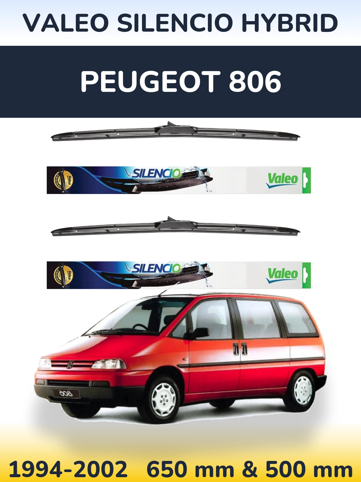 Front wiper blade set Valeo Silencio Hybrid 650 & 500 мм for Peugeot 806 1994-2002