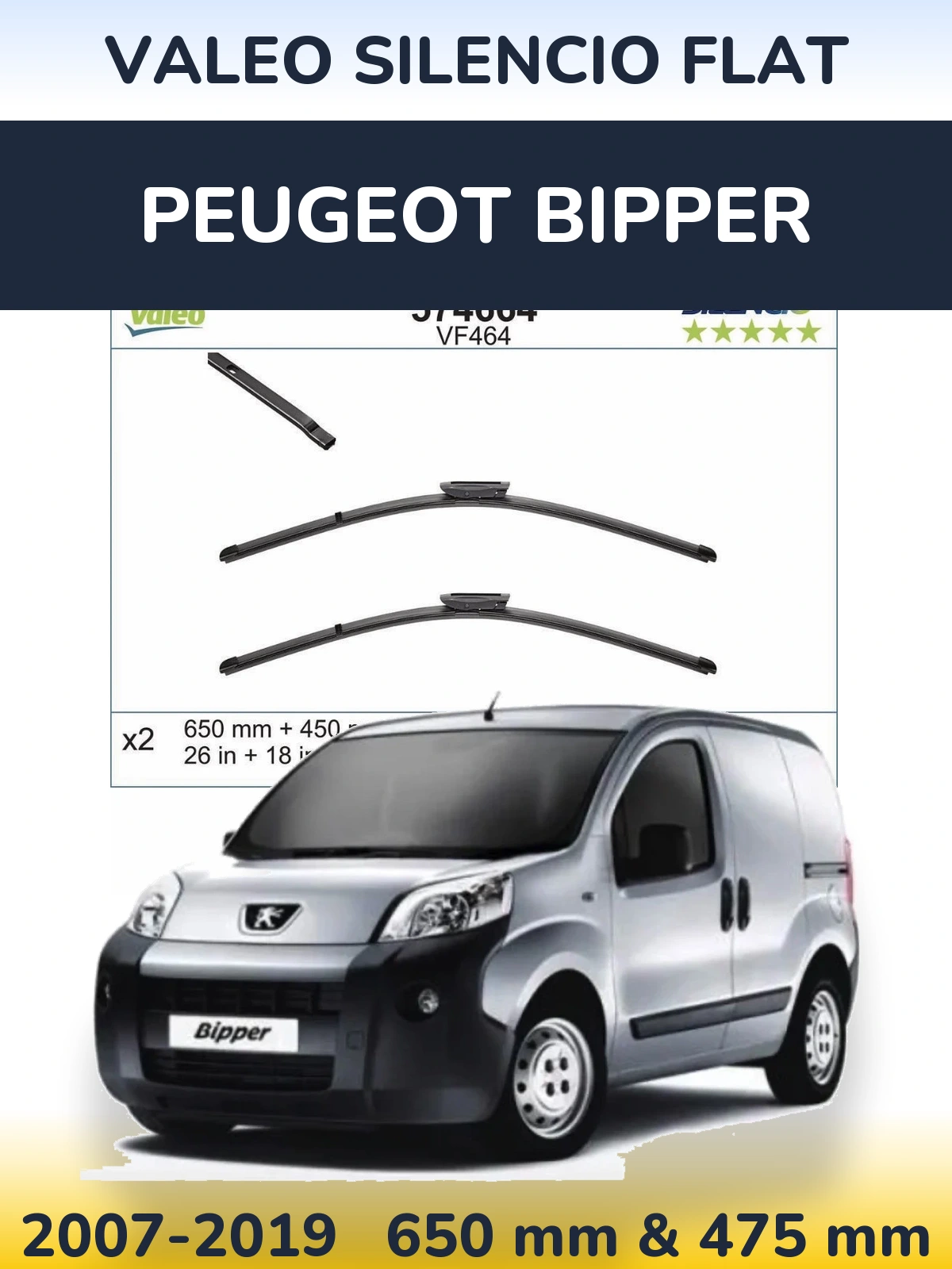 Front wiper blade set Valeo Silencio Flat 650 & 450 мм for Peugeot Bipper 2007-2019