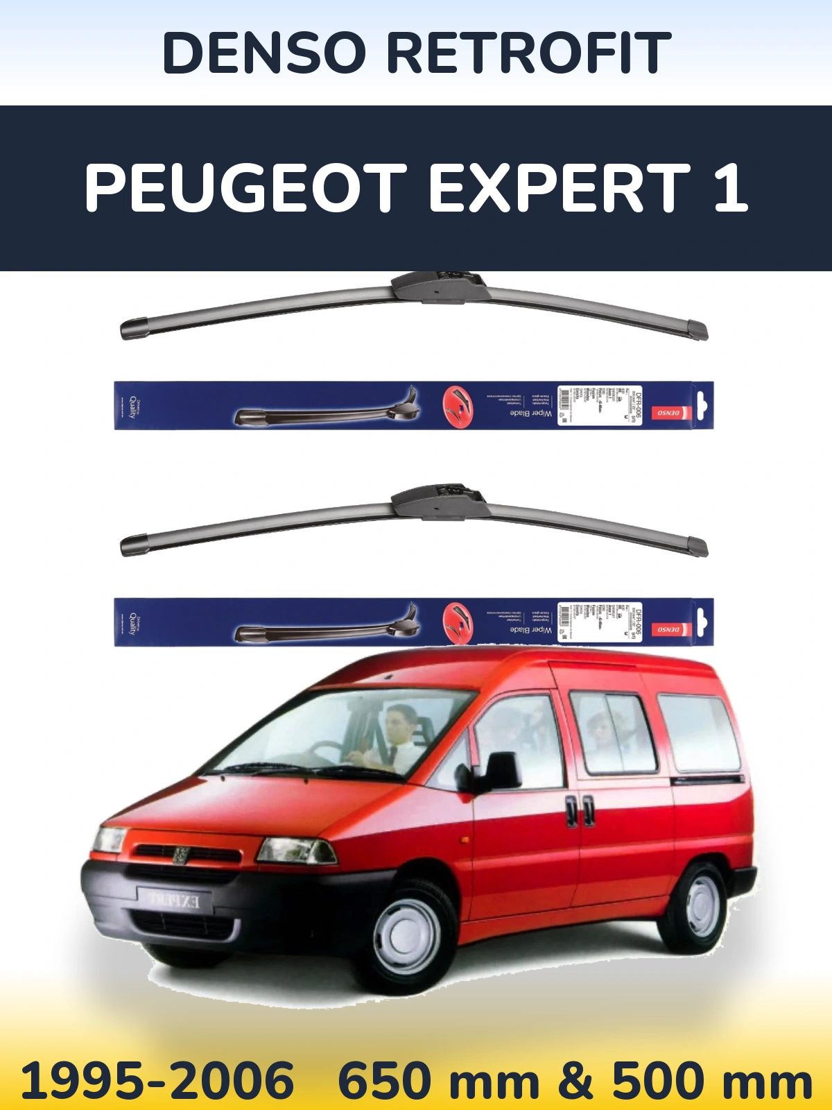 Front wiper blade set Denso Retrofit 650 & 500 mm for Peugeot Expert 1 1995-2006