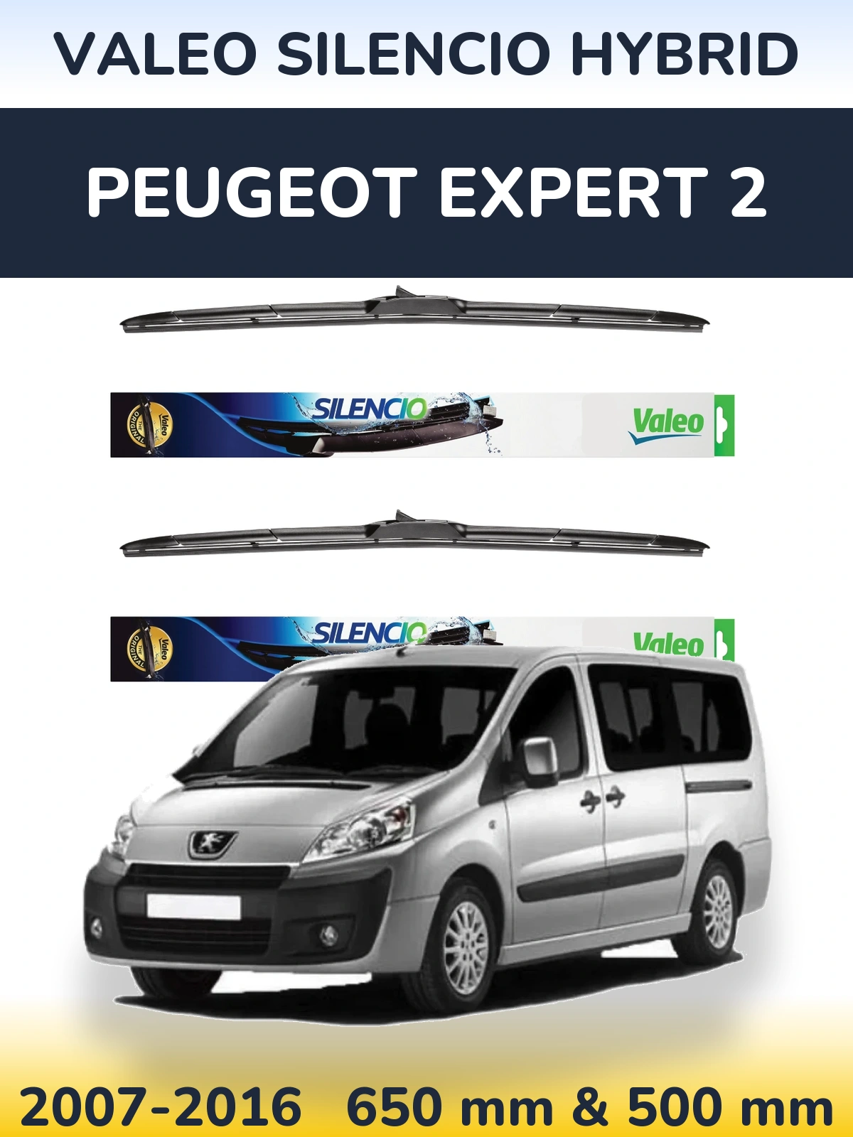 Front wiper blade set Valeo Silencio Hybrid 650 & 500 mm for Peugeot Expert 2 2007-2016