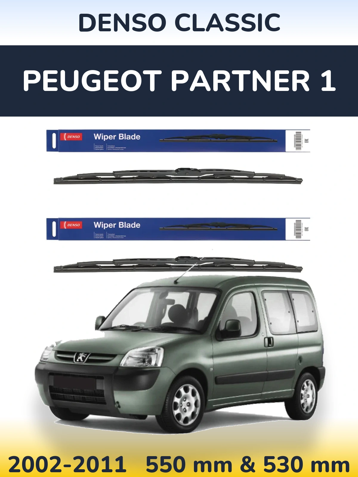 Front wiper blade set Denso Classic 550 & 530 mm for Peugeot Partner 1 2002-2011