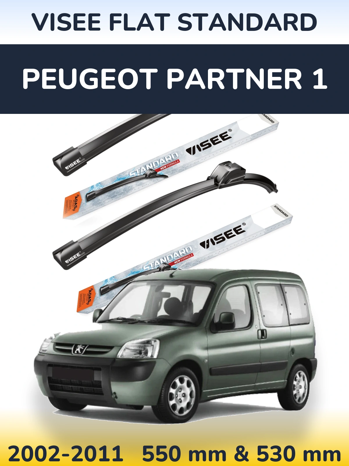 Front wiper blade set VISEE FLAT STANDARD 550 & 530 мм for Peugeot Partner 1 2002-2011