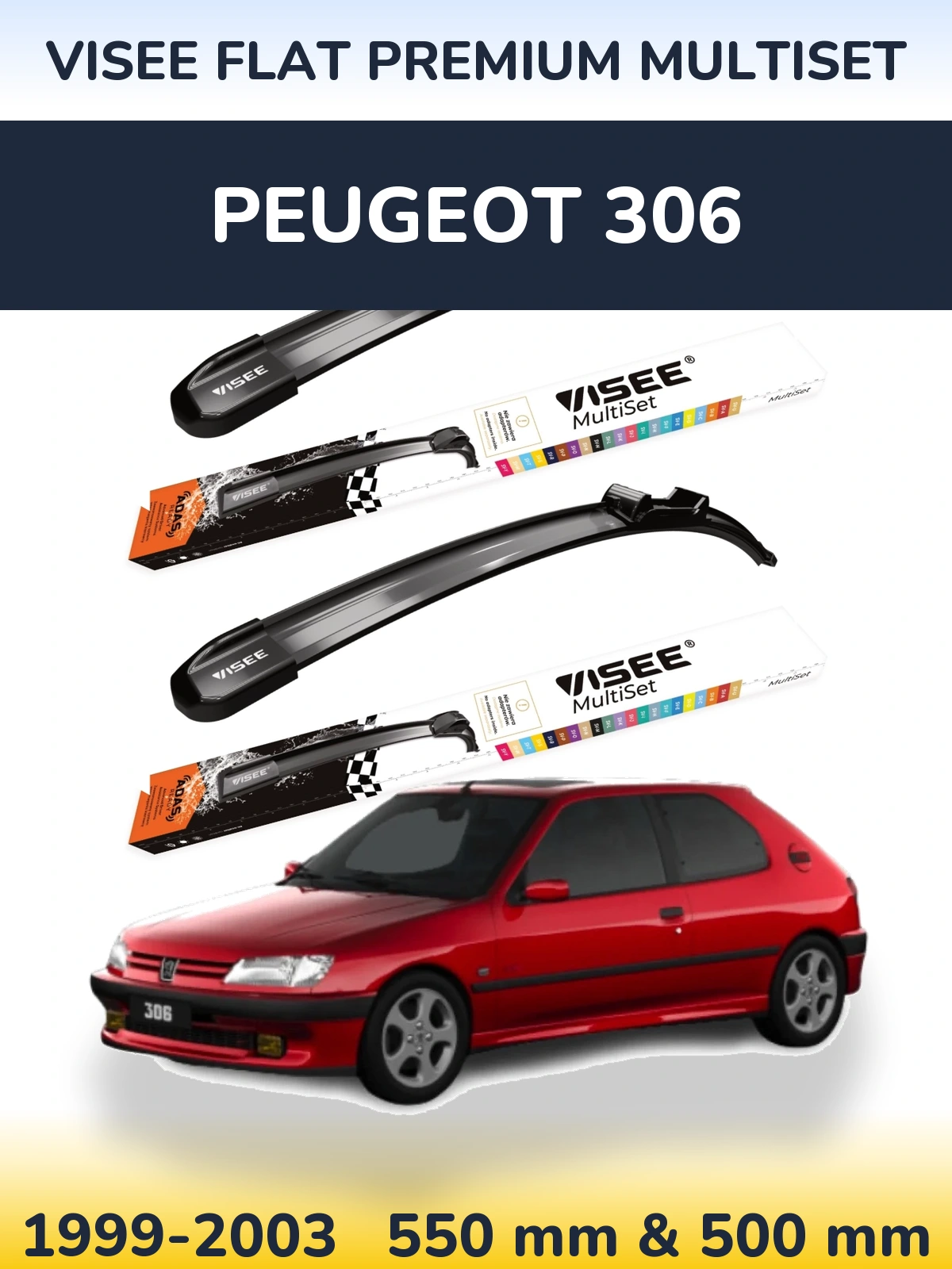 Комплект передних дворников VISEE FLAT PREMIUM MultiSet 550 & 500 мм для Peugeot 306 1999-2003