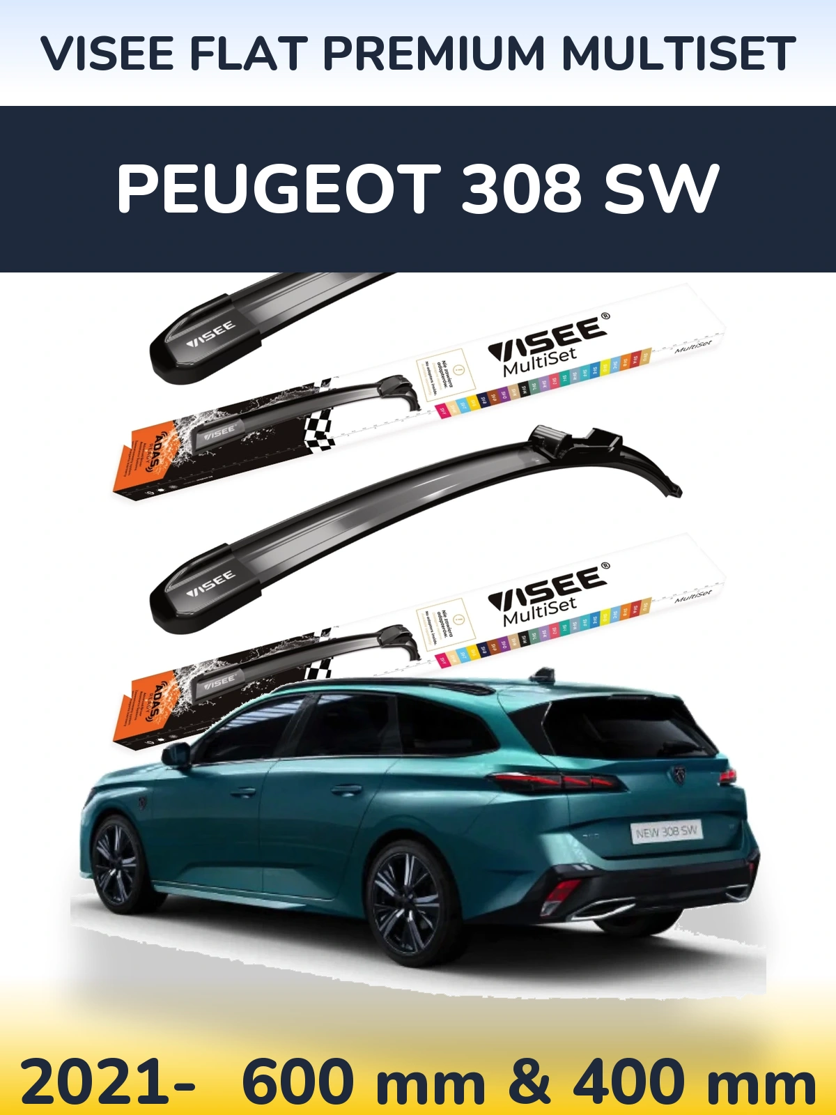 Front wiper blade set VISEE FLAT PREMIUM MultiSet 600 & 400 мм for Peugeot 308 SW 2021-2026