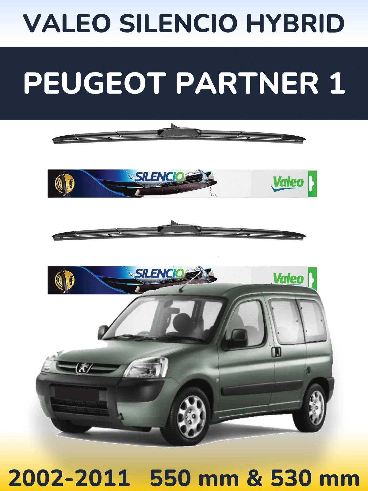Front wiper blade set Valeo Silencio Hybrid 550 & 530 мм for Peugeot Partner 1 2002-2011