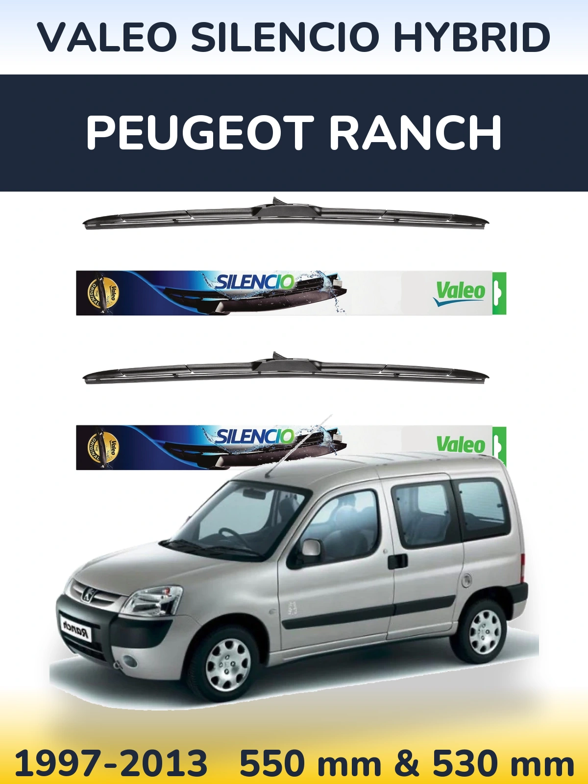 Front wiper blade set Valeo Silencio Hybrid 550 & 530 mm for Peugeot Ranch 1997-2013