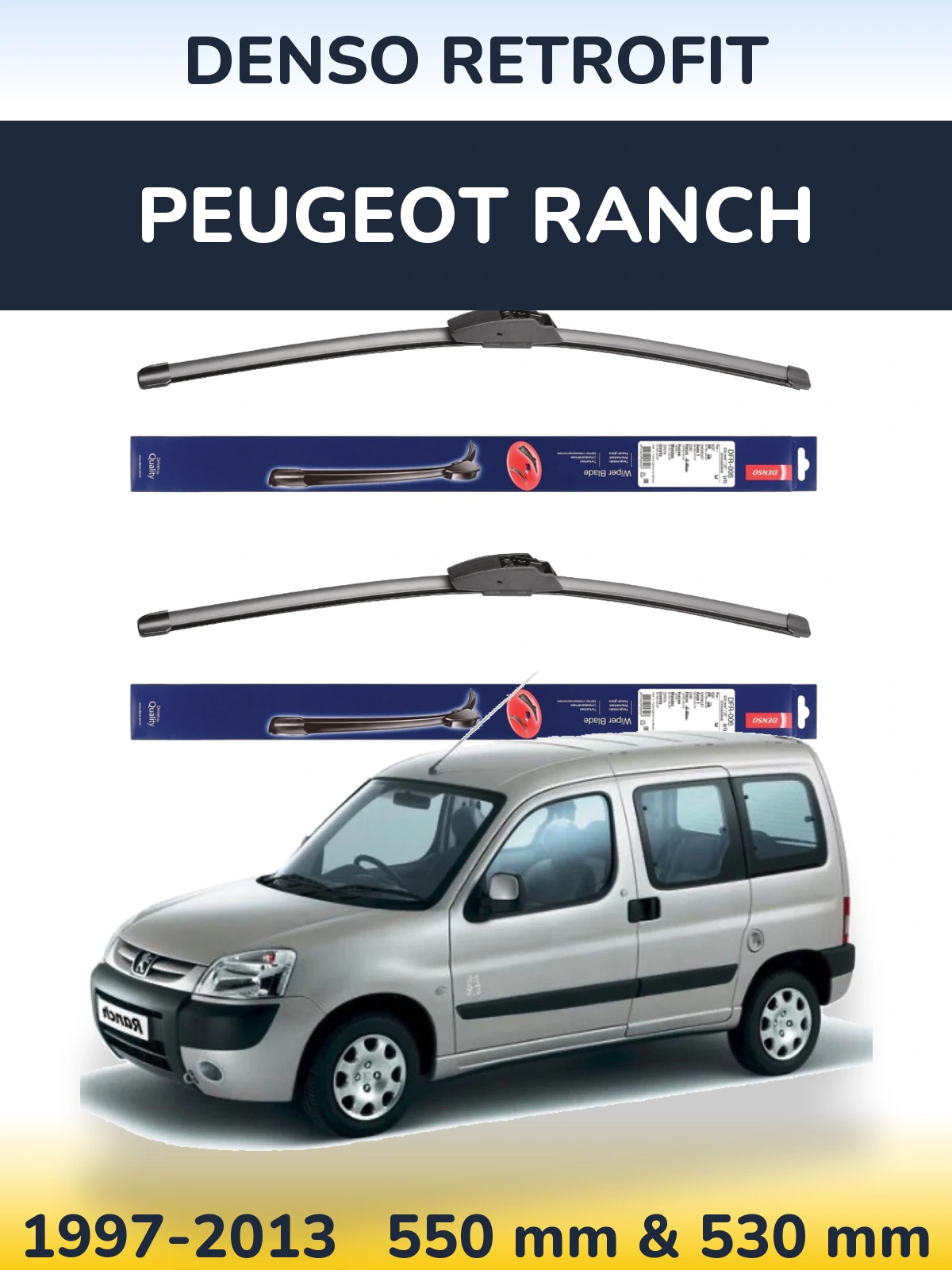 Komplet przednich wycieraczek Denso Retrofit 550 & 530 mm do Peugeot Ranch 1997-2013