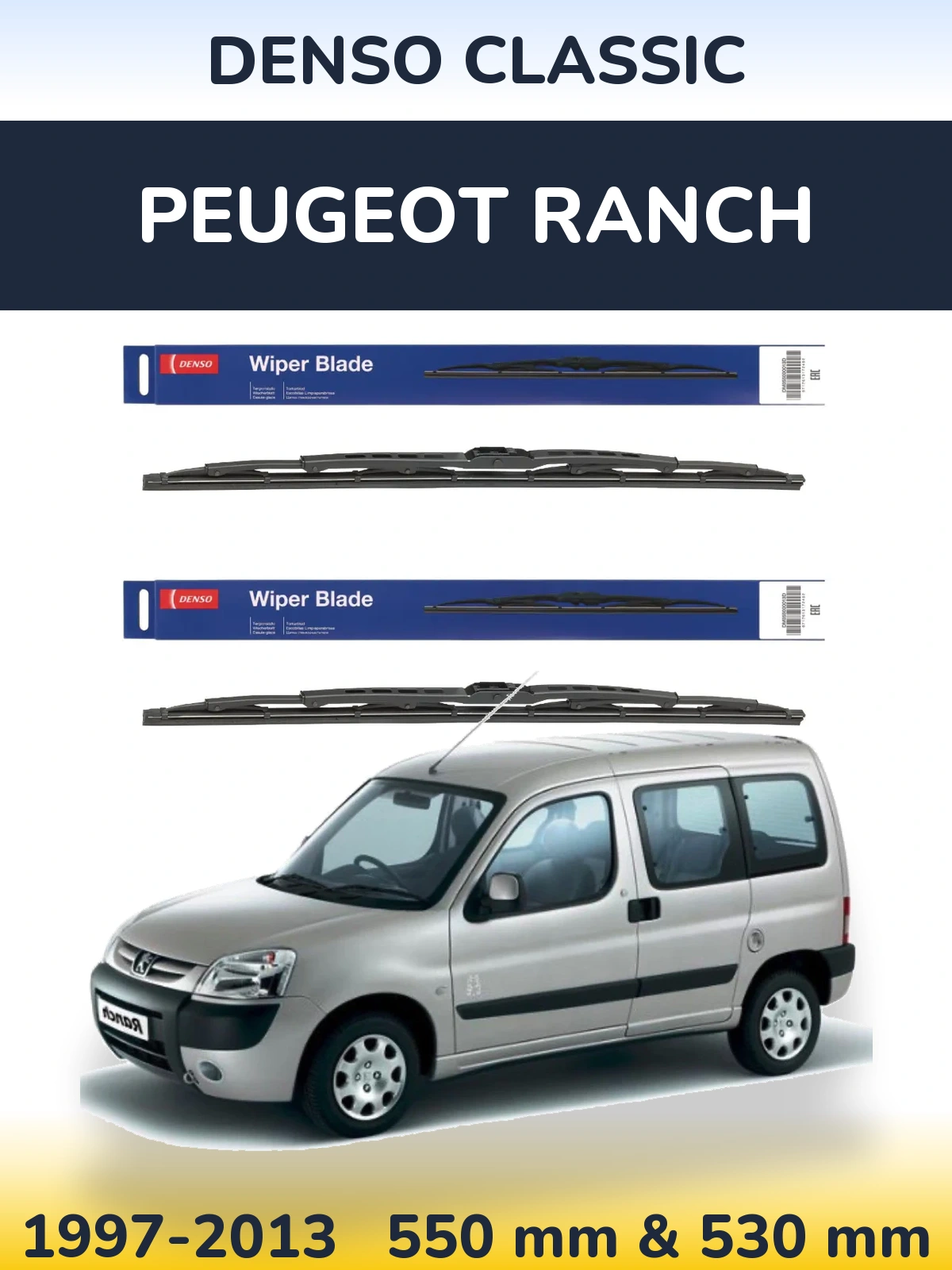 Front wiper blade set Denso Classic 550 & 530 mm for Peugeot Ranch 1997-2013