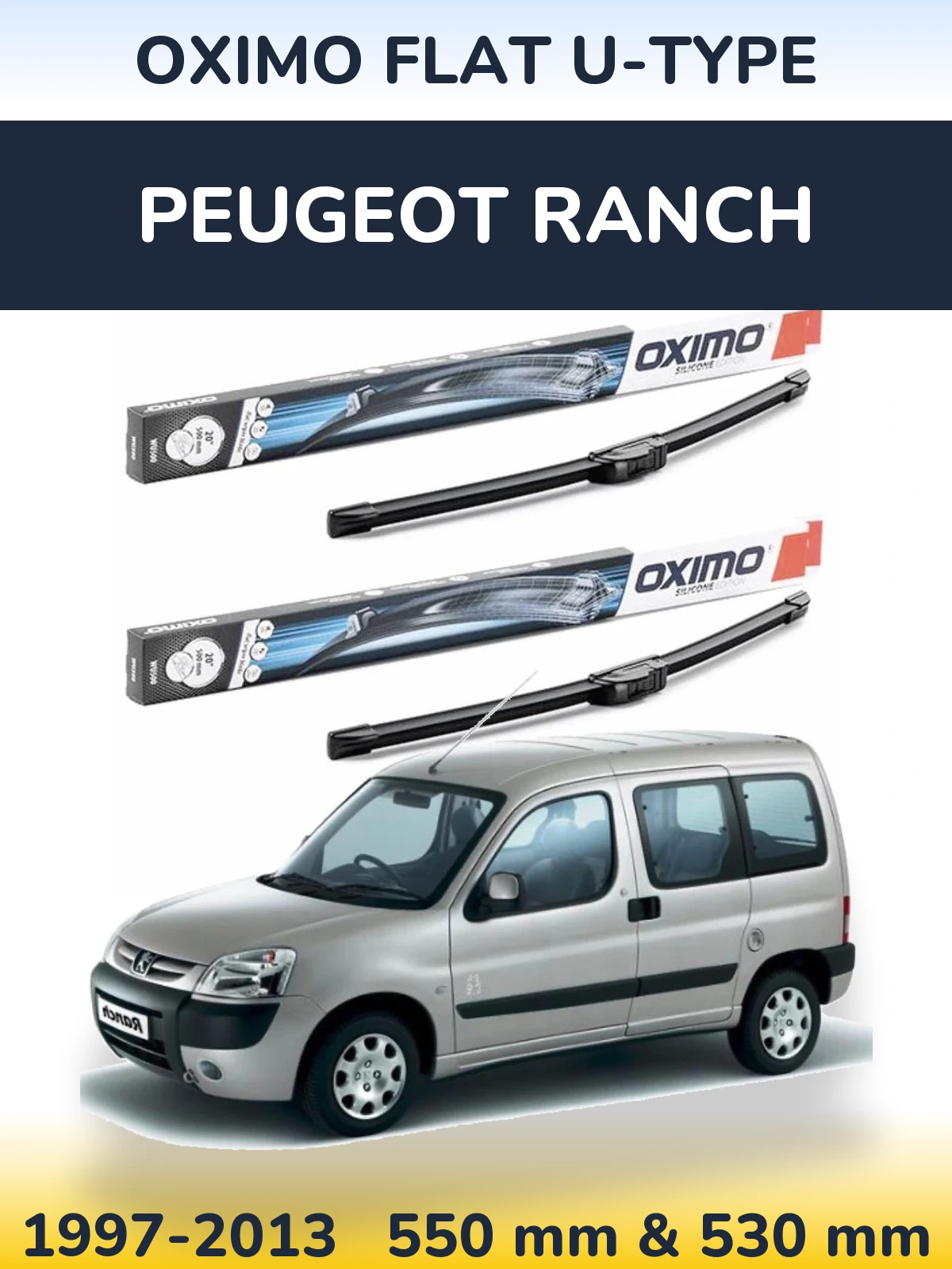 Front wiper blade set Oximo Flat U-type 550 & 530 mm for Peugeot Ranch 1997-2013