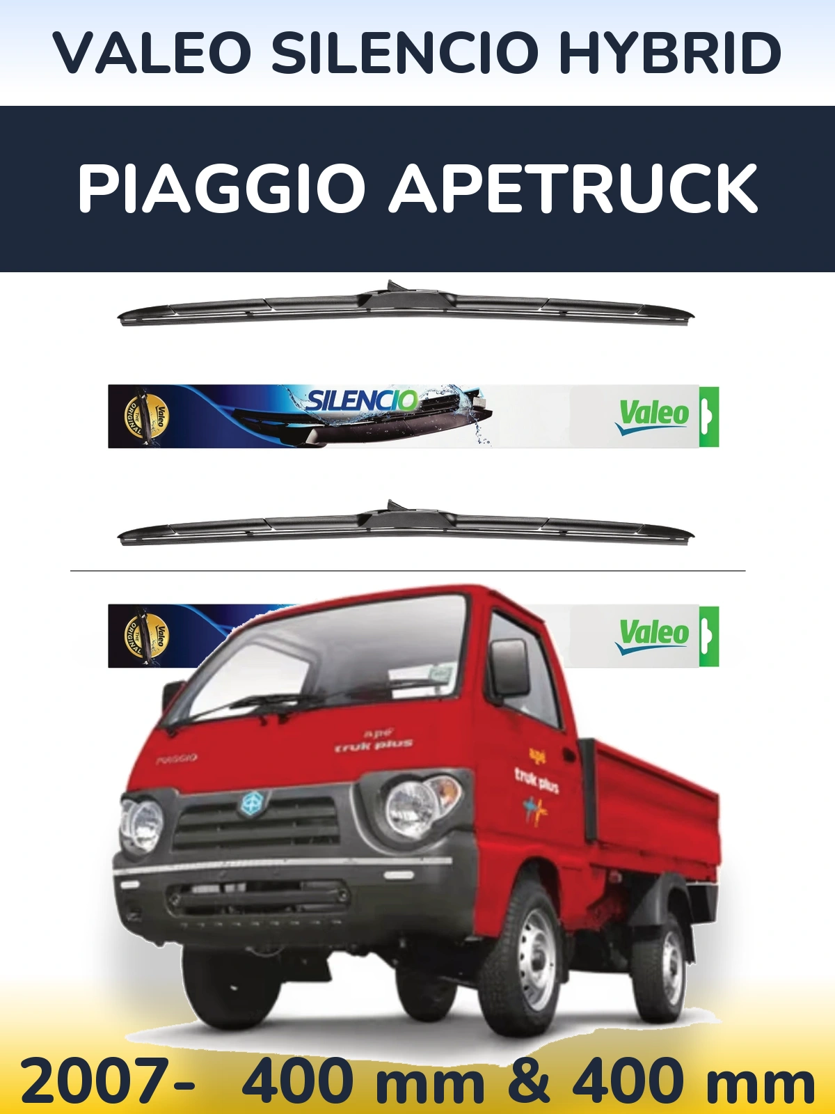 Front wiper blade set Valeo Silencio Hybrid 400 & 400 mm for Piaggio Apetruck 2007-2026